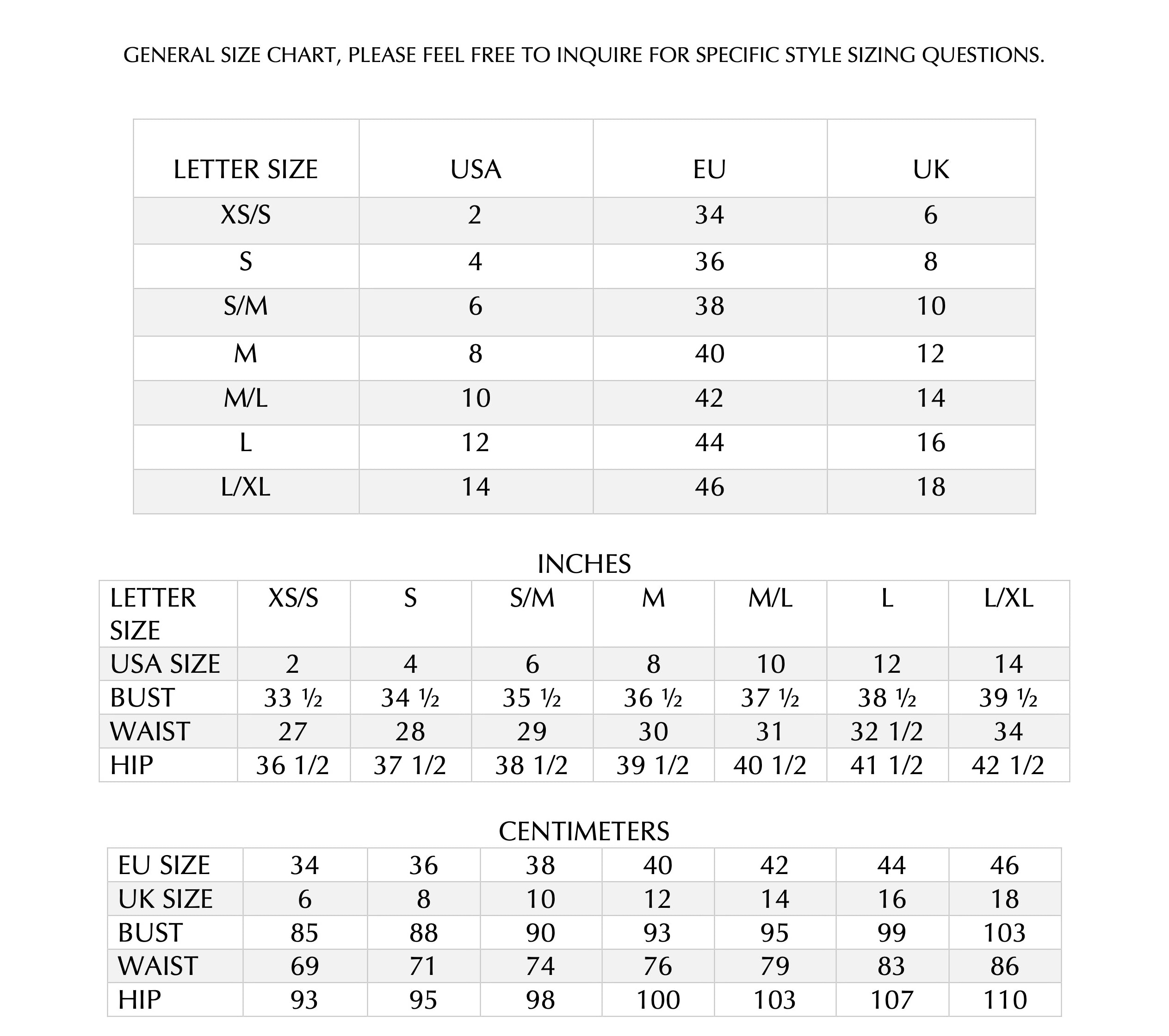 SIZE CHART