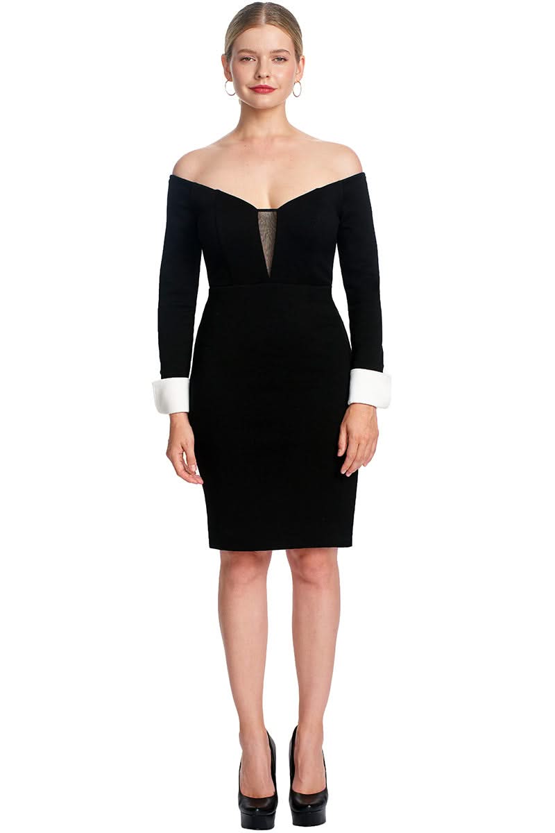 Off - the - Shoulder Tuxedo Dress | Elegant Black & White Long Sleeve Sheath Dress - WWW.SIMONAMAGHEN.COM