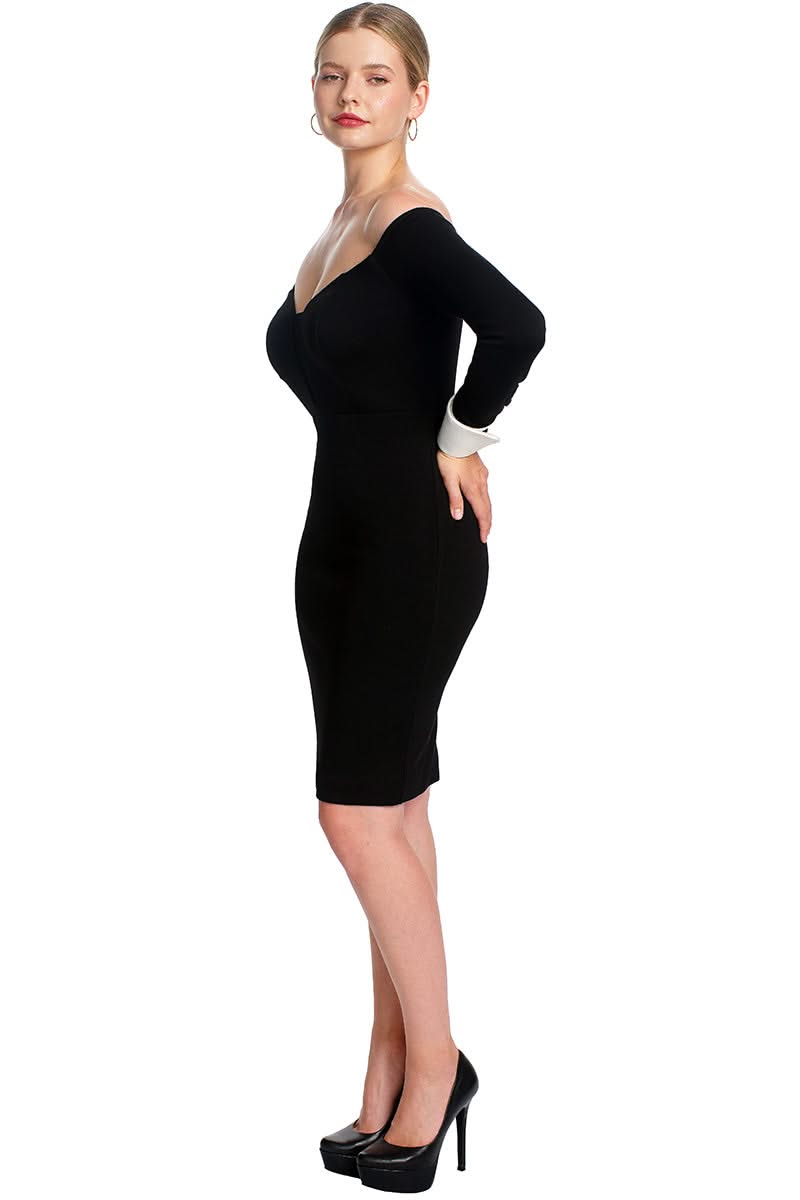 Off - the - Shoulder Tuxedo Dress | Elegant Black & White Long Sleeve Sheath Dress - WWW.SIMONAMAGHEN.COM