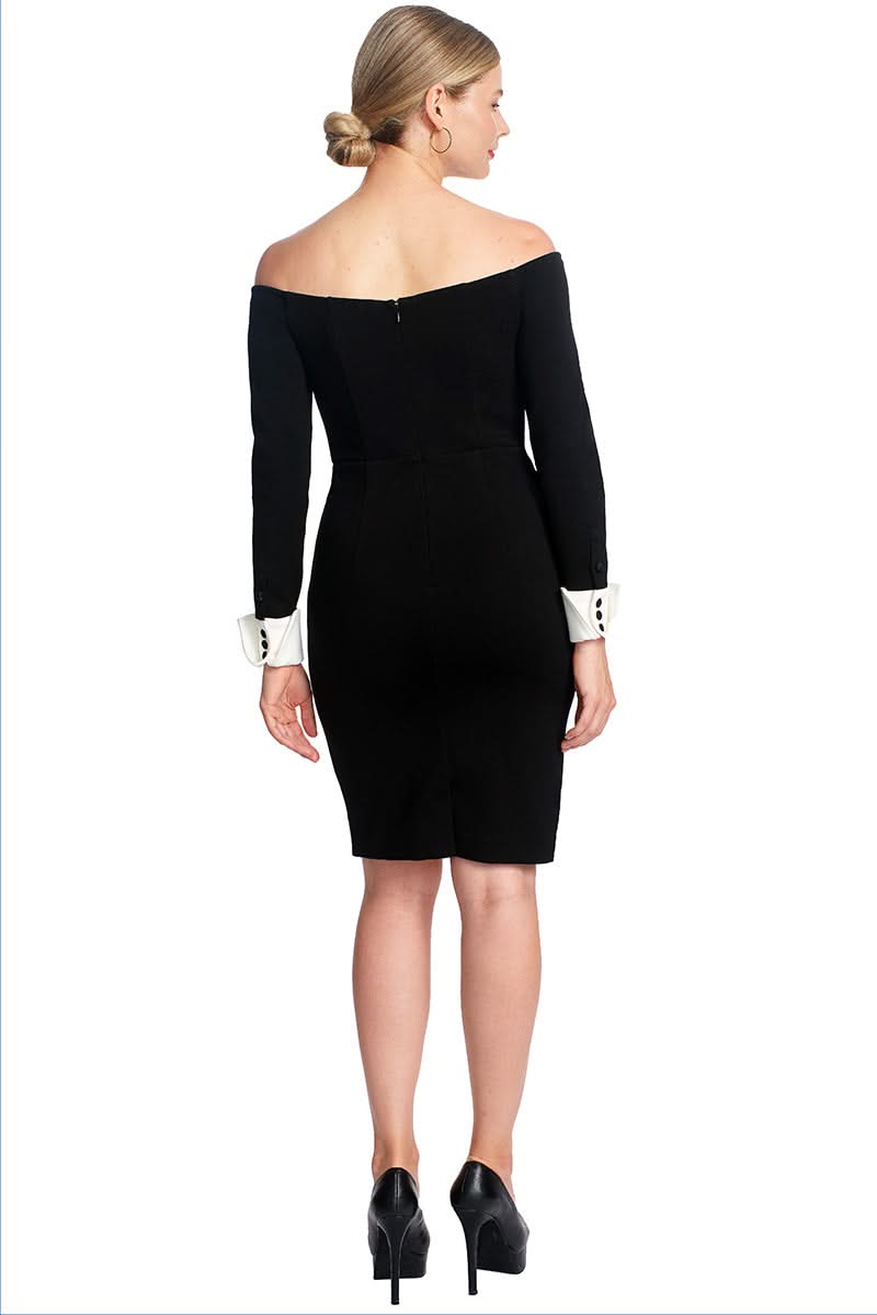 Off - the - Shoulder Tuxedo Dress | Elegant Black & White Long Sleeve Sheath Dress - WWW.SIMONAMAGHEN.COM
