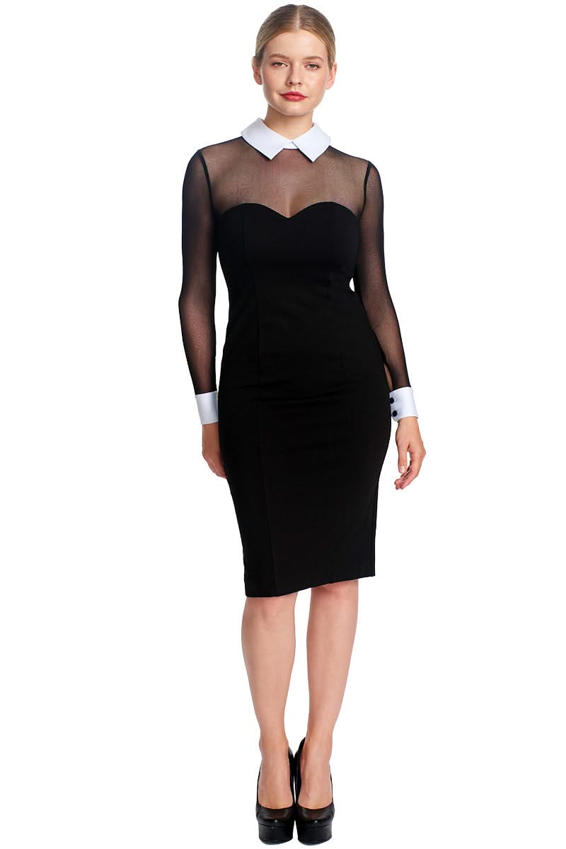 Black midi dress with sheer sleeves and white collar and cuffs.