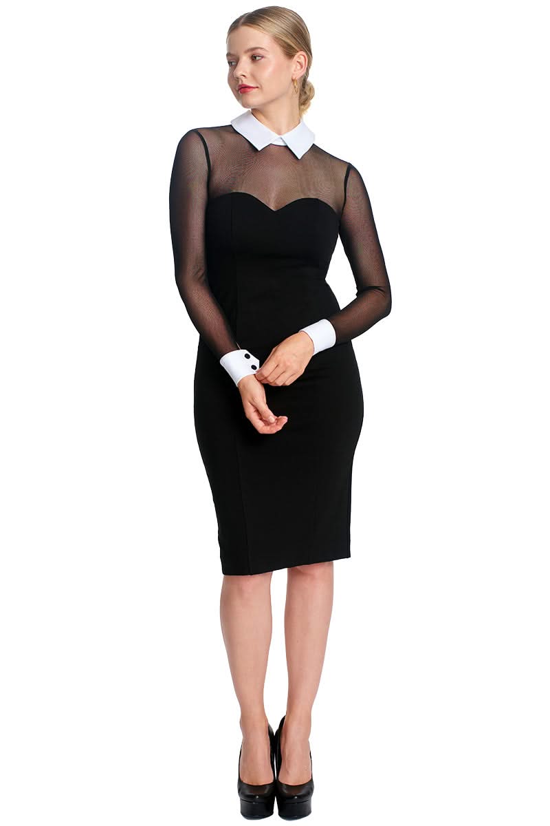 Elegant black midi dress with sheer long sleeves, white collar and cuffs, and pencil skirt.