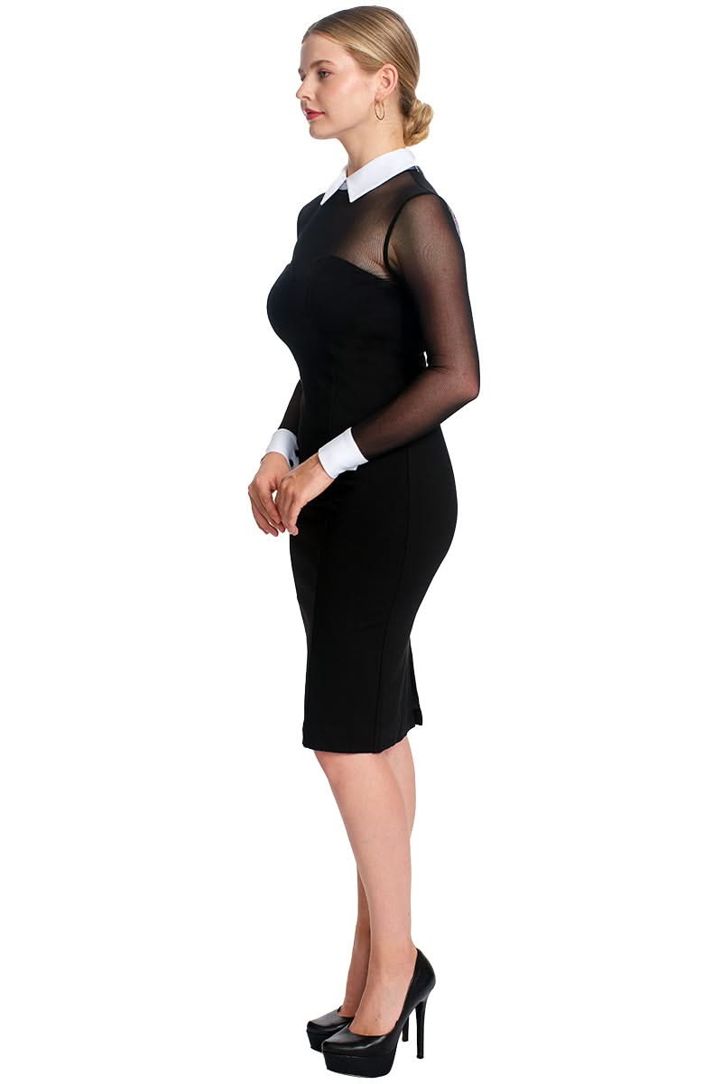 Black midi dress with mesh long sleeves and white collar and cuffs.
