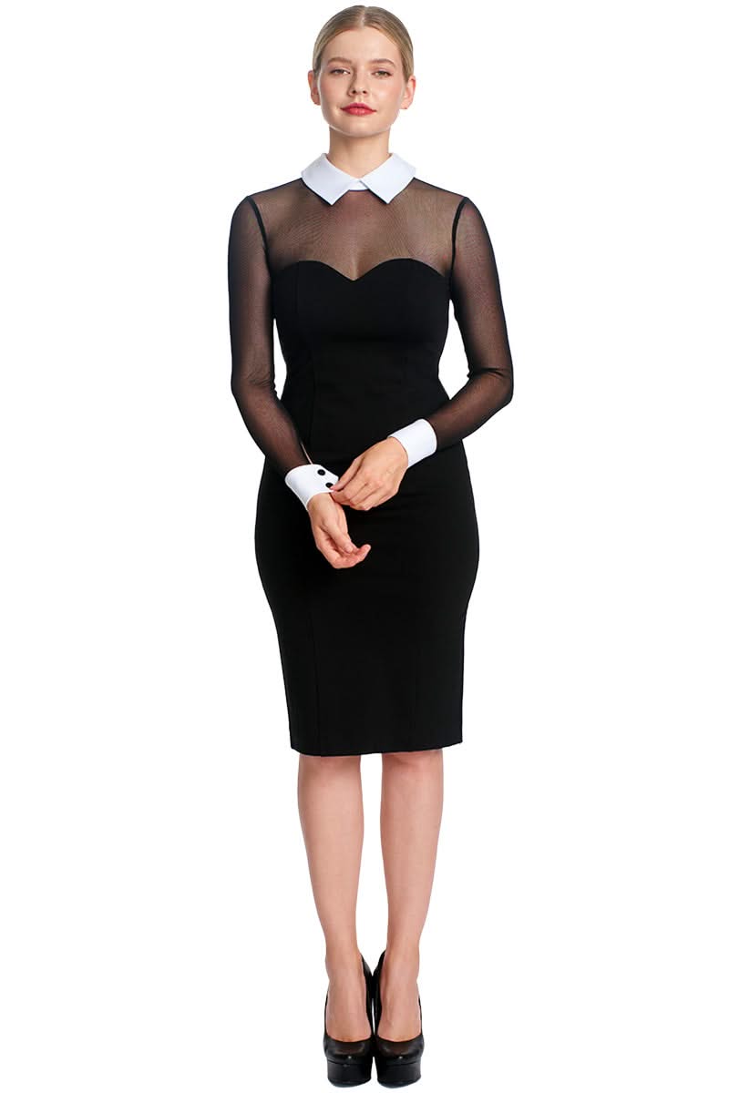 Black pencil dress with sheer long sleeves, white collar and cuffs.