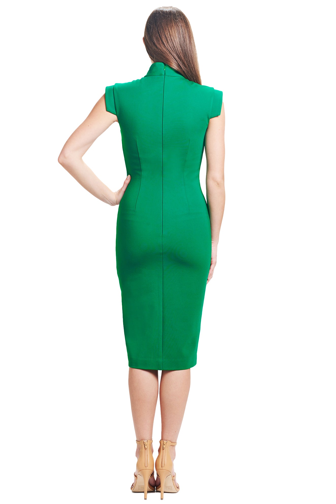 Back view of model wearing solid emerald green knit Ponte sleeveless midi dress