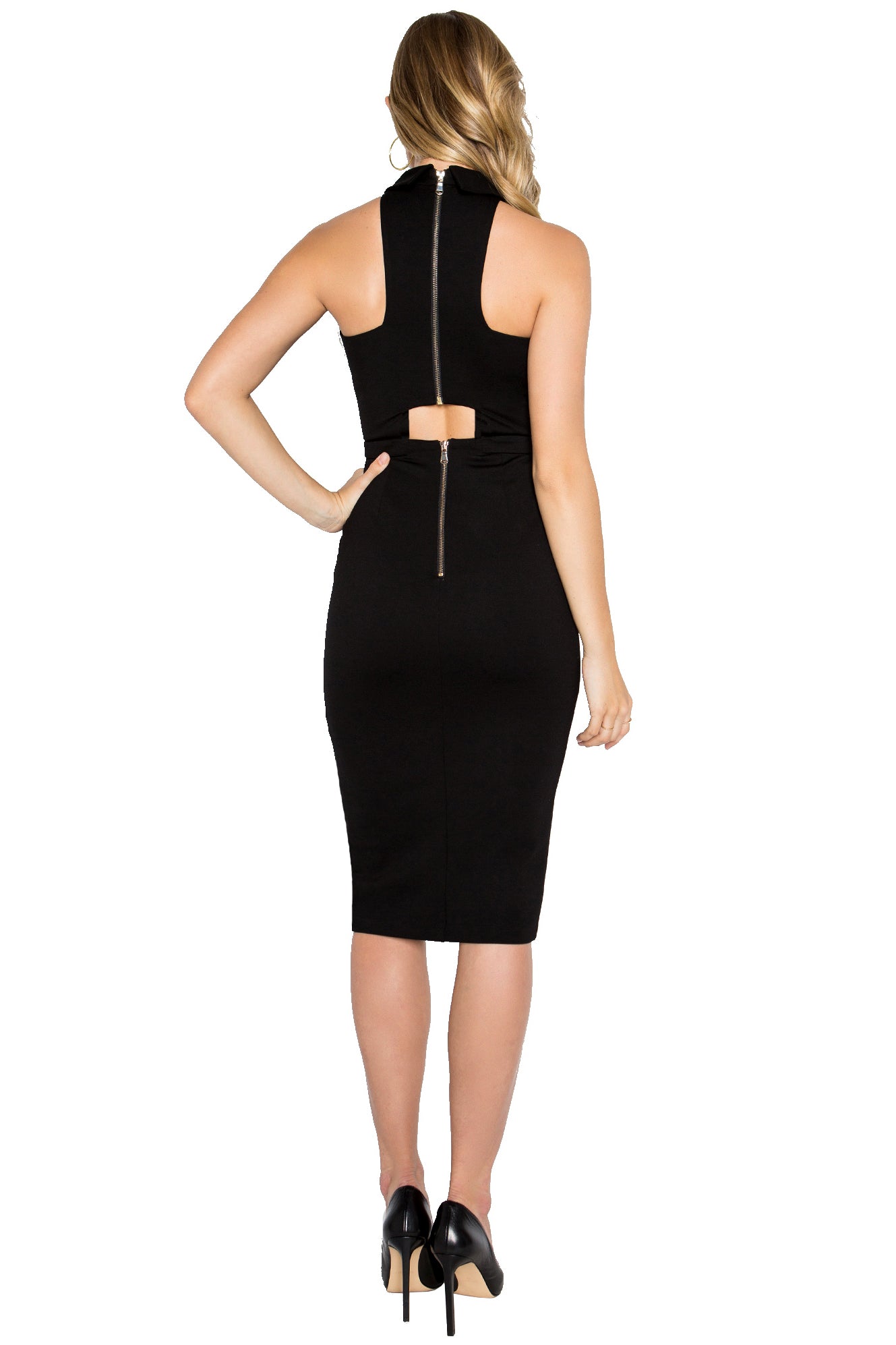 Back view of model wearing sleeveless black knit Ponte midi dress with back cut-out and double exposed gold zipper.