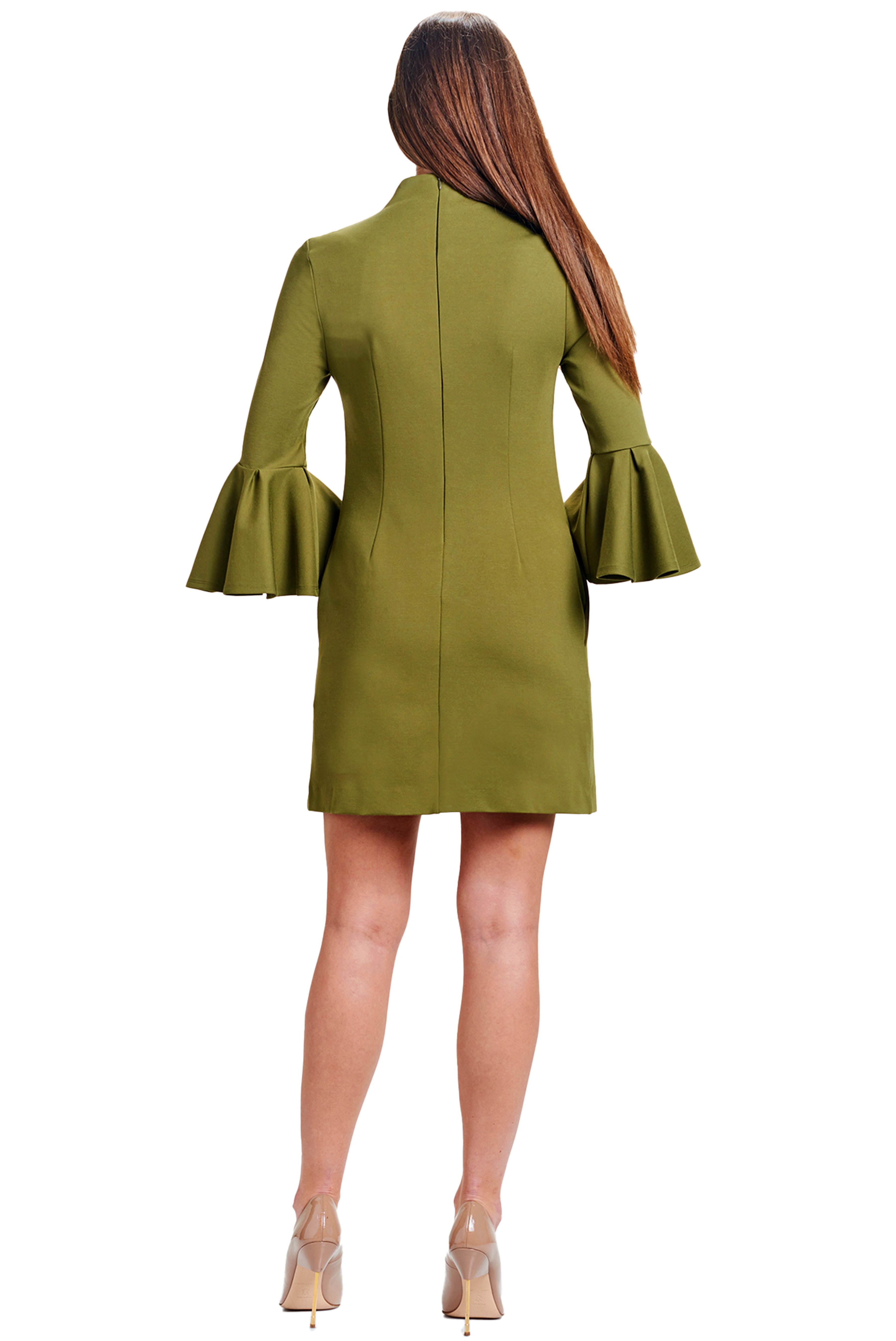 Back view of model wearing olive knit Ponte mini shift dress with v-neckline, 3/4 bell sleeves and side slit pockets.