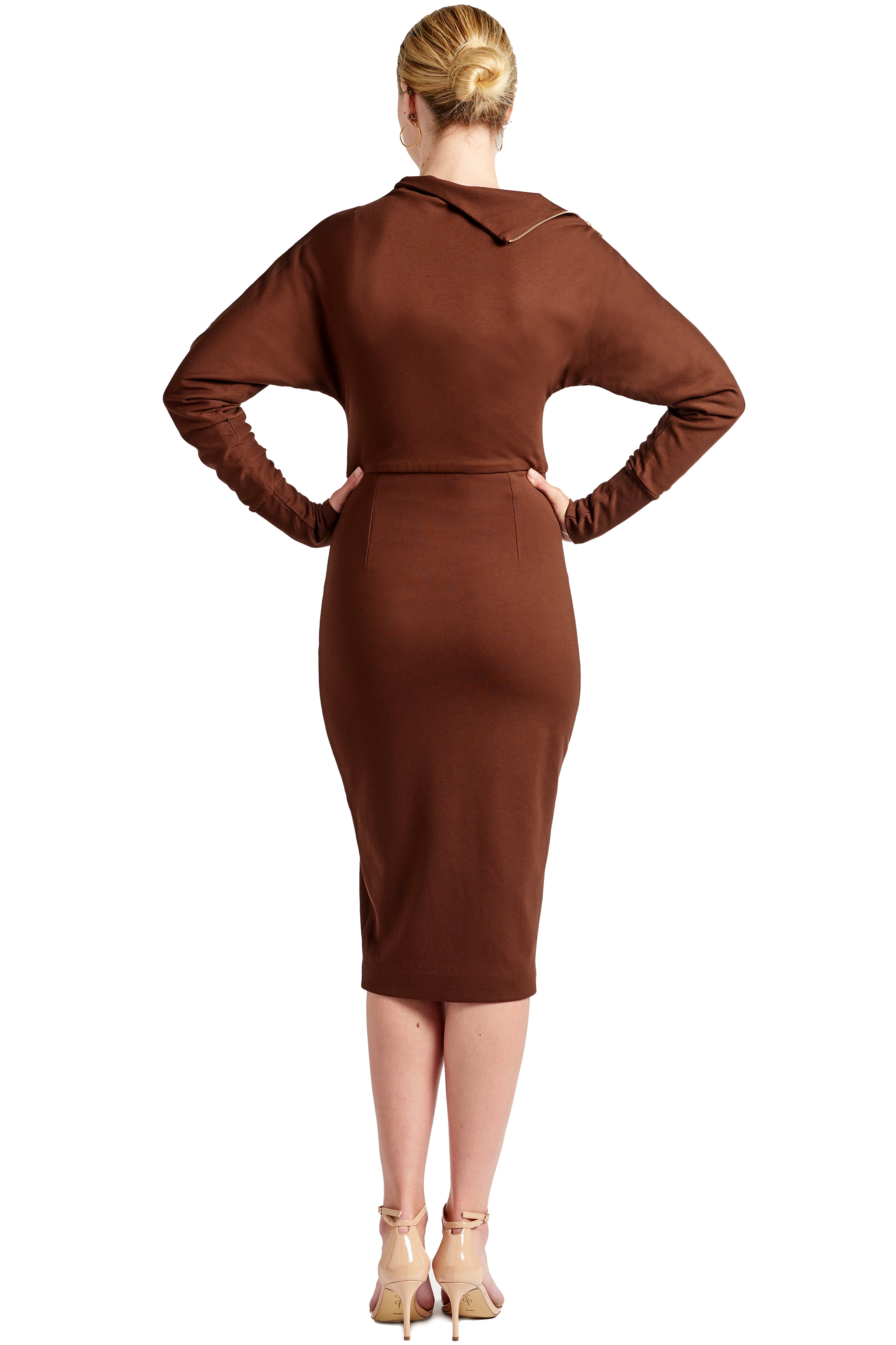 Back view of model wearing the Simona Maghen Josefa Dress, chocolate brown long sleeve Ponte midi dress with zipper along the right shoulder and front skirt zipper slit.