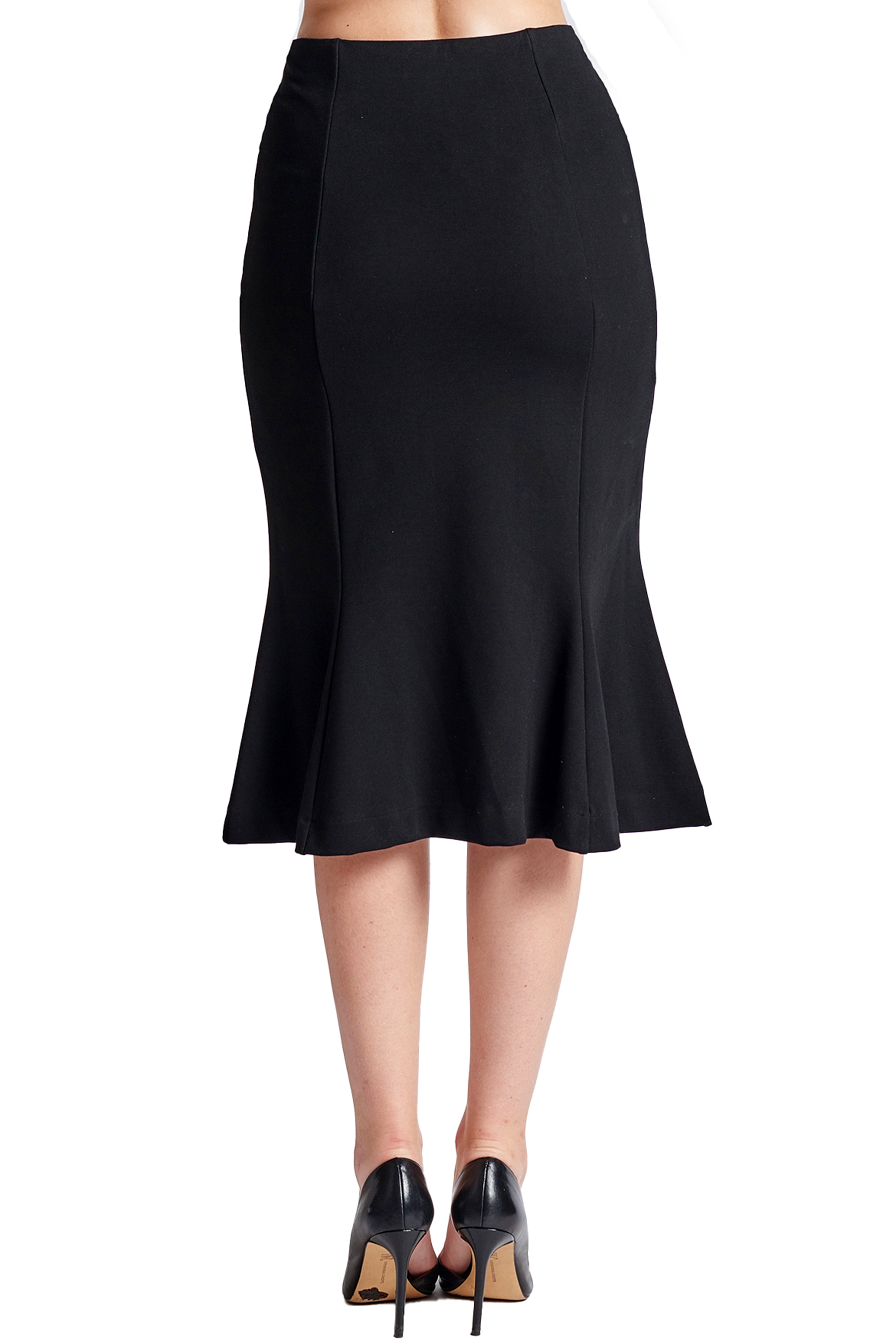 Back view of model wearing the Simona Maghen Sarit Skirt, black knit Ponte seamed midi mermaid skirt.