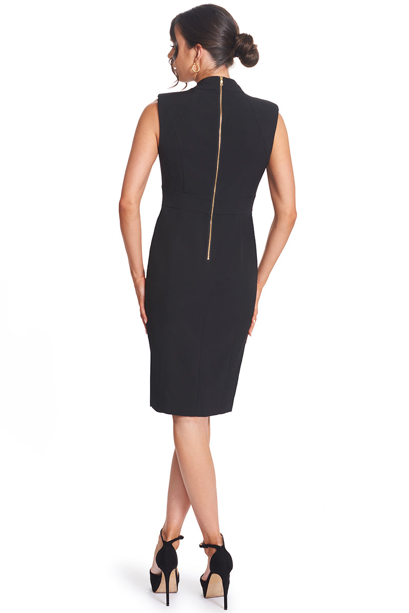 Back view of model wearing the Simona Maghen Just Zip It Dress, little black sleeveless midi dress with exposed functional gold zippers down the center back for entry, center front bodice and along the skirt front princess seams.
