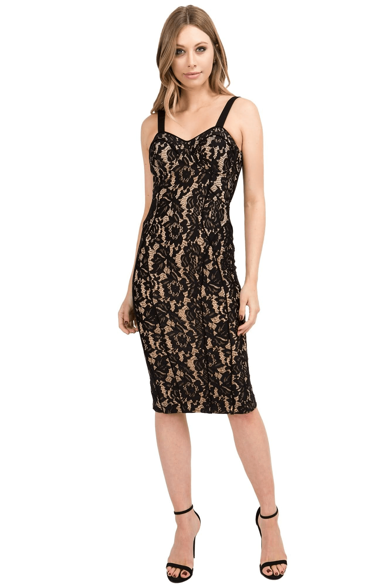 Black lace midi bodycon dress with bustier detail and adjustable straps.