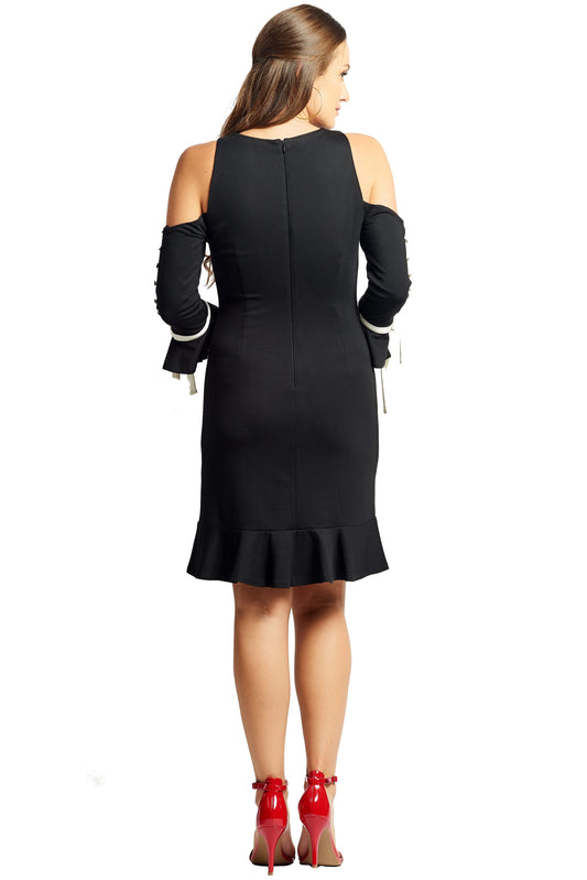 Carina Dress - Cold shoulder dress with contrast covered buttons and bow ties - WWW.SIMONAMAGHEN.COM