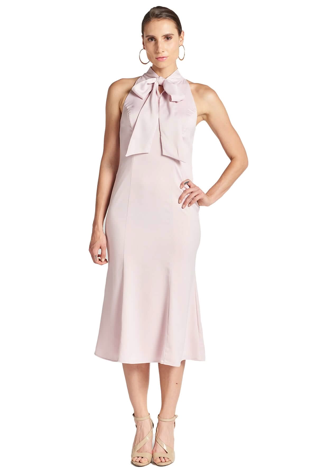 Eloise Dress - Stretch satin midi mermaid dress with neck tie rose - WWW.SIMONAMAGHEN.COM
