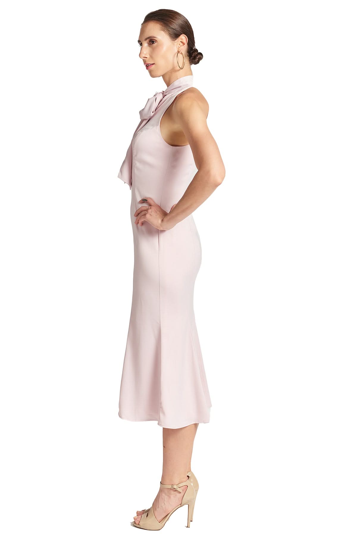 Eloise Dress - Stretch satin midi mermaid dress with neck tie rose - WWW.SIMONAMAGHEN.COM