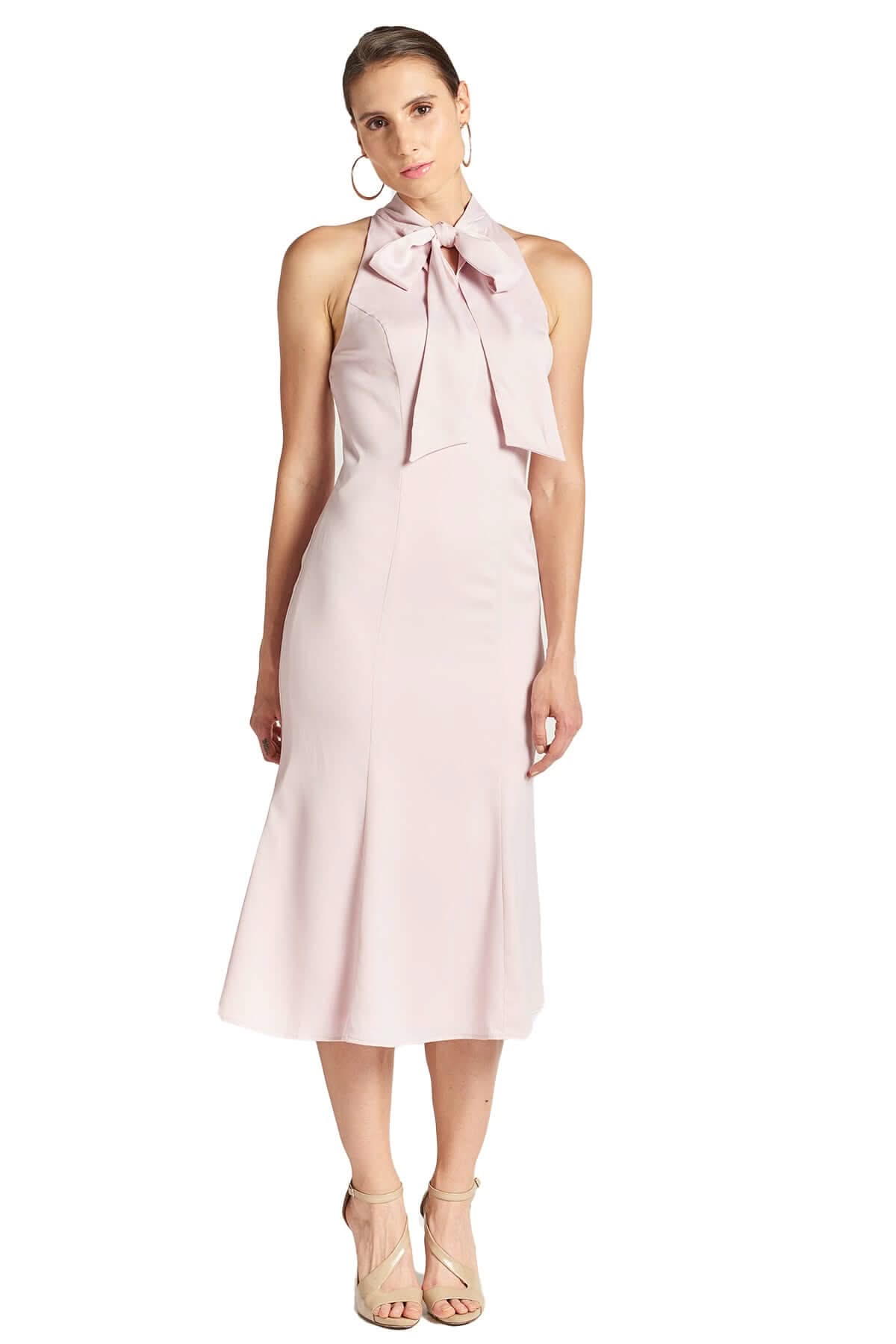 Eloise Dress - Stretch satin midi mermaid dress with neck tie rose - WWW.SIMONAMAGHEN.COM