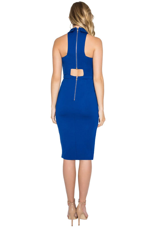 Back view of model wearing a blue sleeveless Ponte midi dress with a back cut-out and exposed silver zipper.