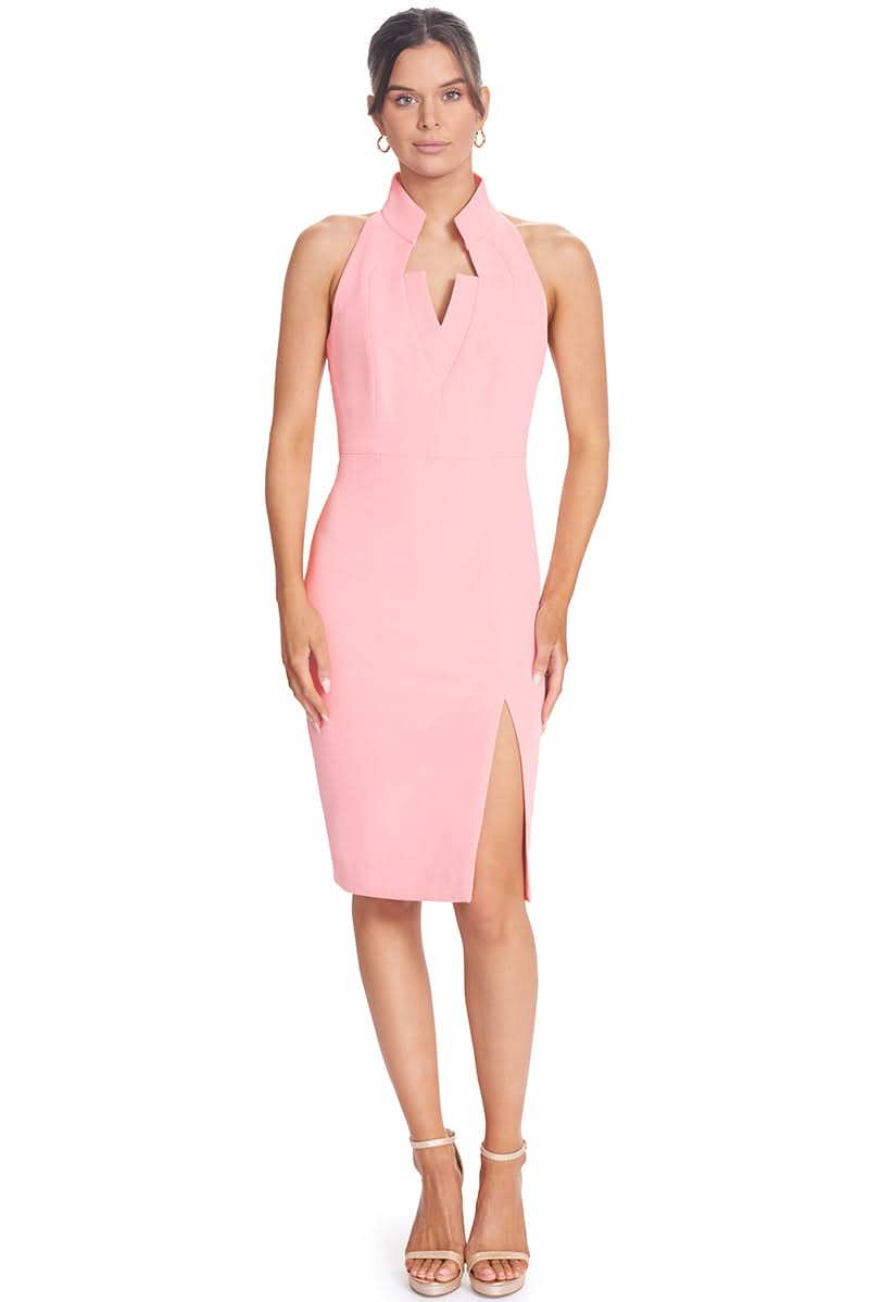 Exhault Dress - Sleeveless Notch Neck Flamingo Pink Midi Sheath with Slit - WWW.SIMONAMAGHEN.COM