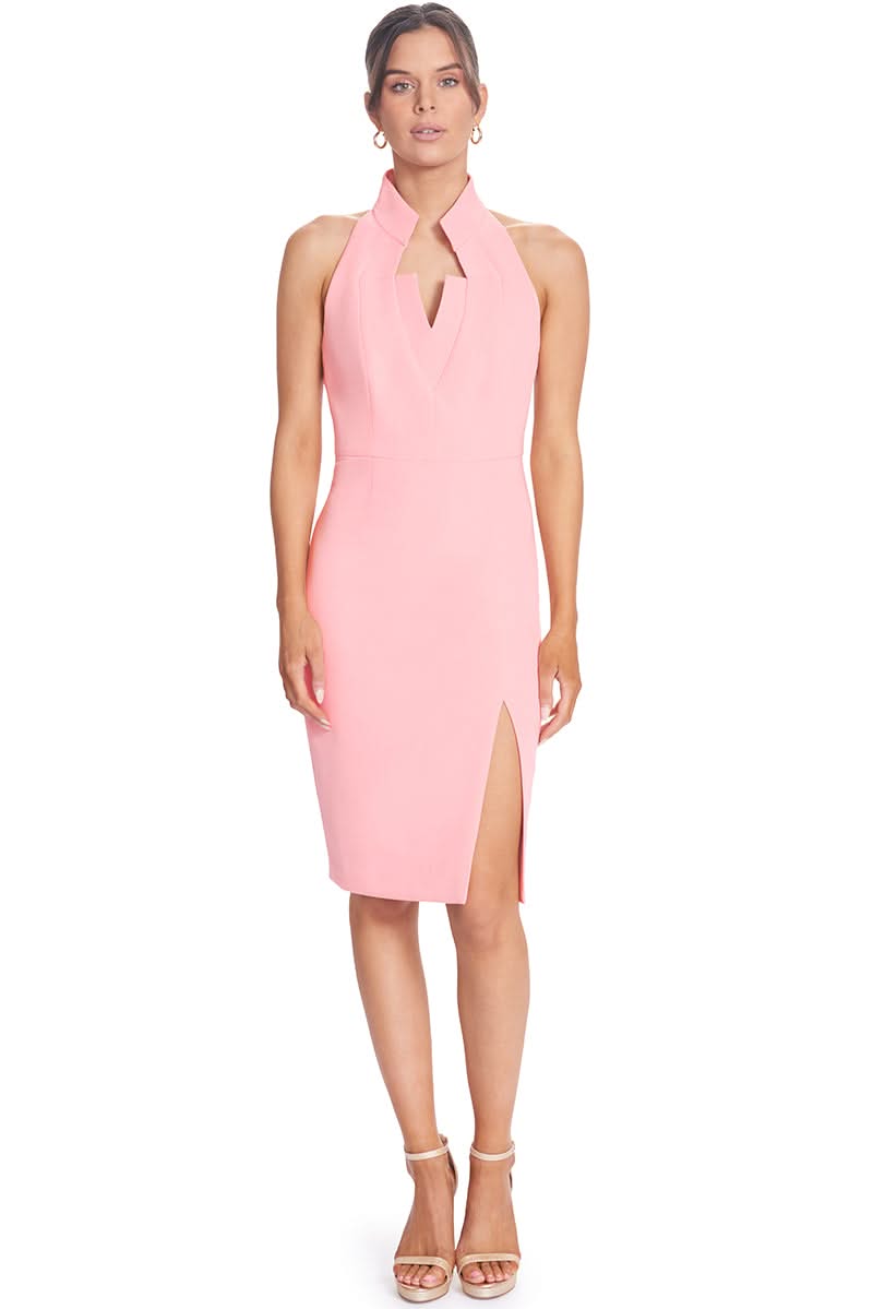Exhault Dress - Sleeveless Notch Neck Flamingo Pink Midi Sheath with Slit - WWW.SIMONAMAGHEN.COM