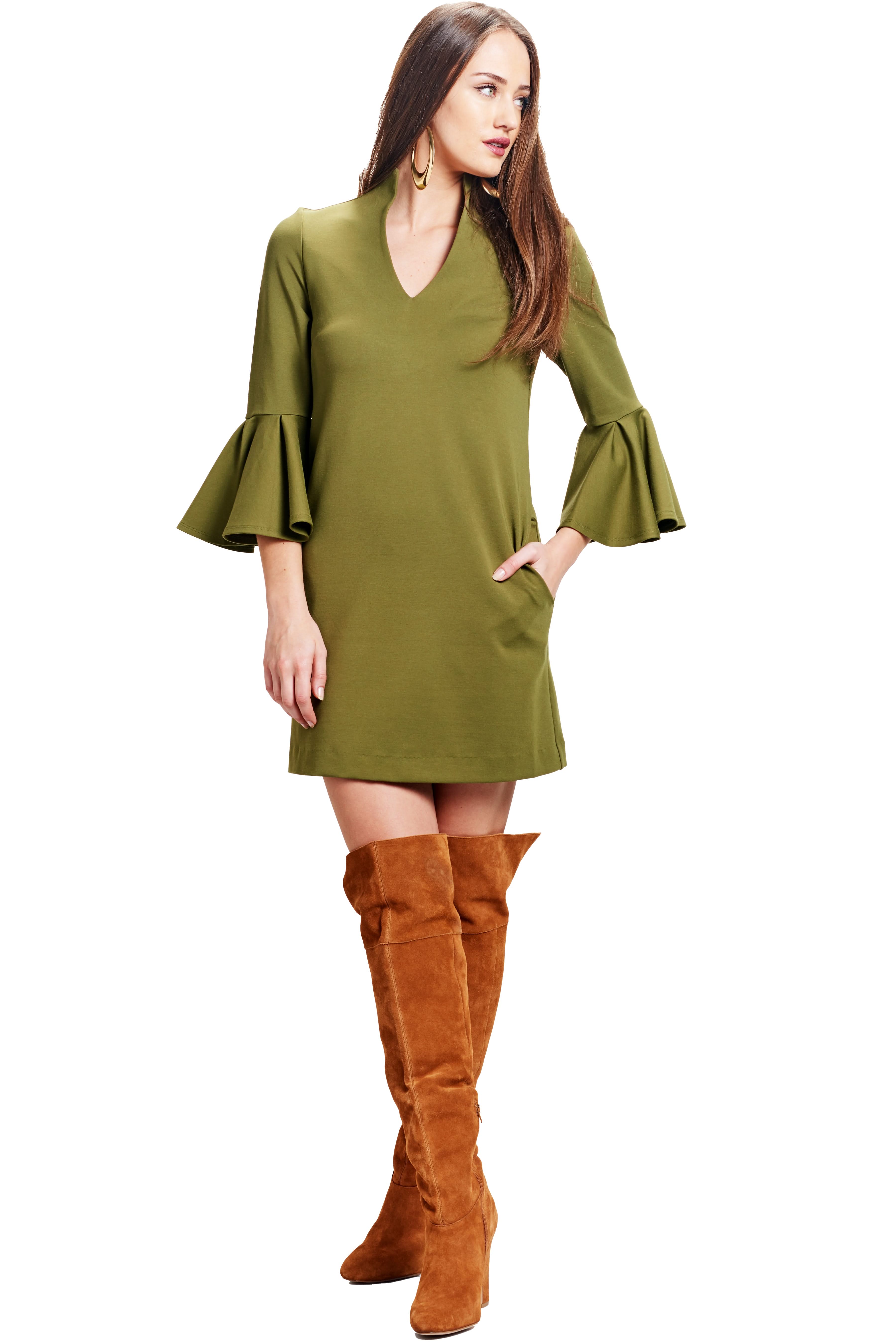 Gina Dress Olive - Bell sleeve shift dress with side slit pockets - WWW.SIMONAMAGHEN.COM