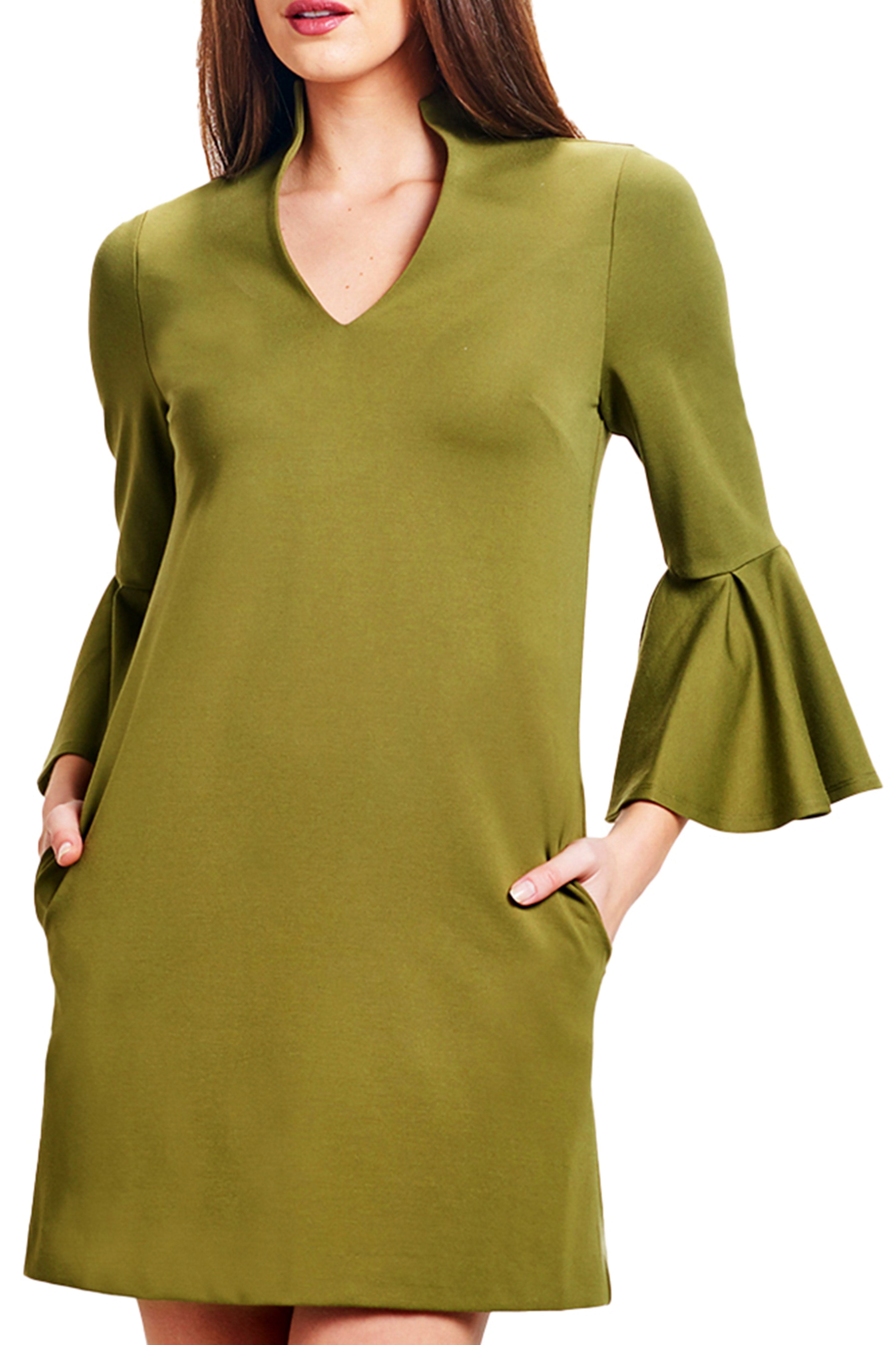 Gina Dress Olive - Bell sleeve shift dress with side slit pockets - WWW.SIMONAMAGHEN.COM