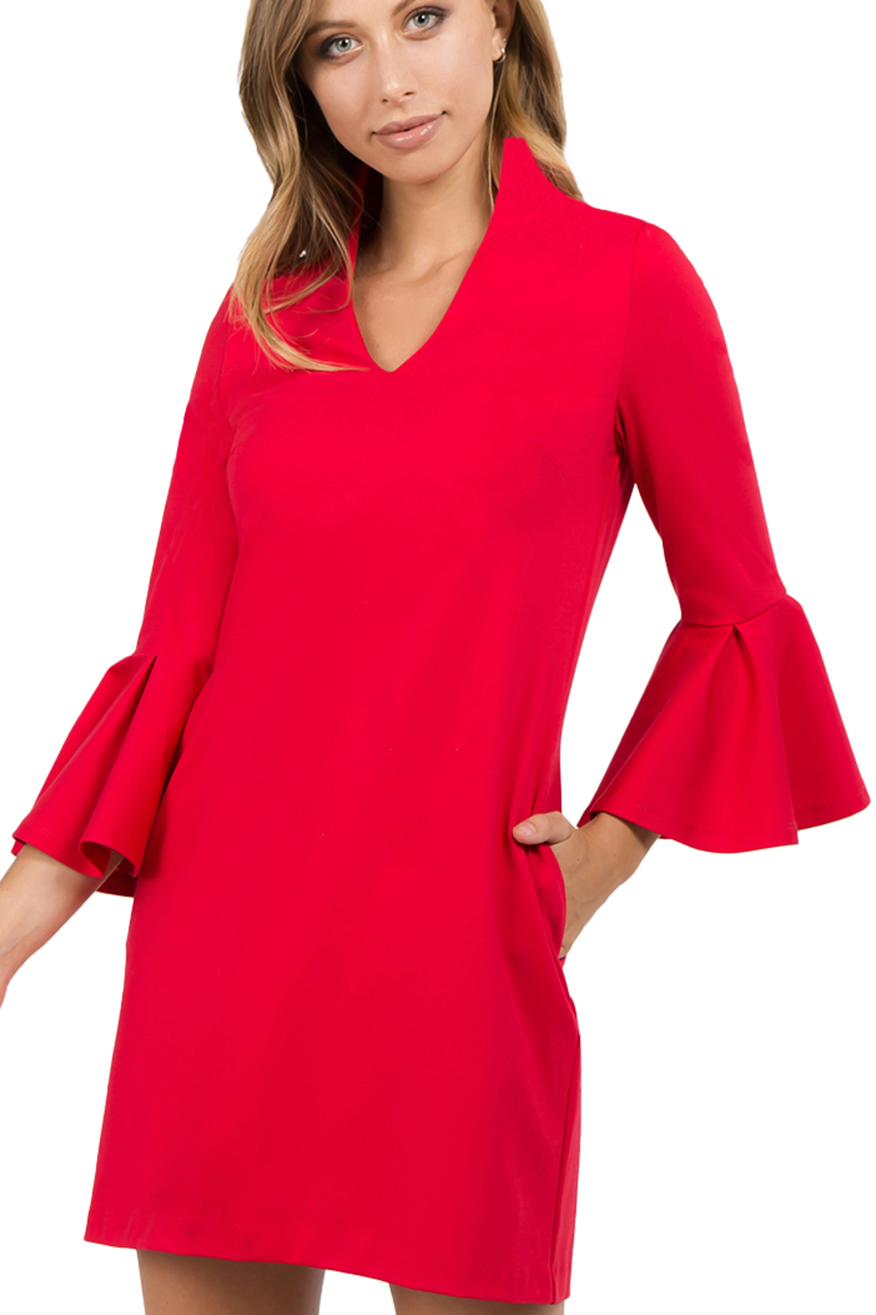 Gina Dress Red - Bell sleeve shift dress with side slit pockets - WWW.SIMONAMAGHEN.COM