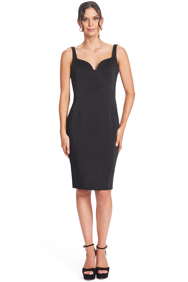 Homa Bow Back Dress - Black Satin Midi Dress with Sweetheart Neckline & Bow Back Trim - WWW.SIMONAMAGHEN.COM