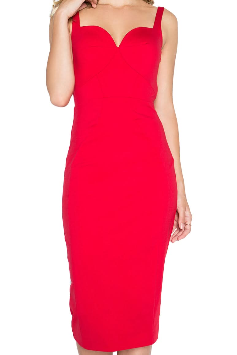 Red Simona Maghen 'Homa' dress. Sleeveless midi knit dress with sweetheart neckline.