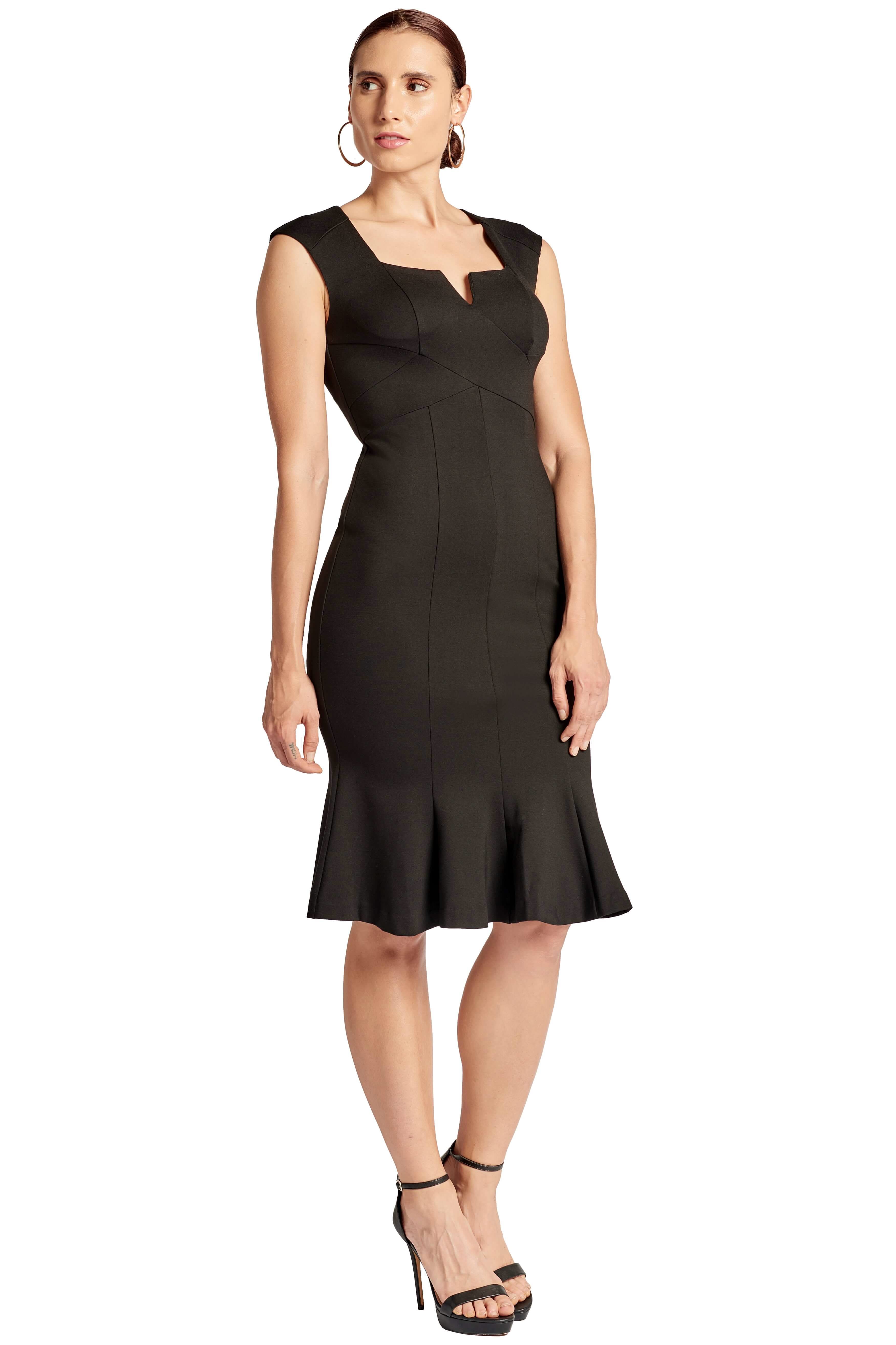 Ivy Dress - Sleeveless seamed stretch Ponte midi mermaid hem dress with front v - notch - WWW.SIMONAMAGHEN.COM