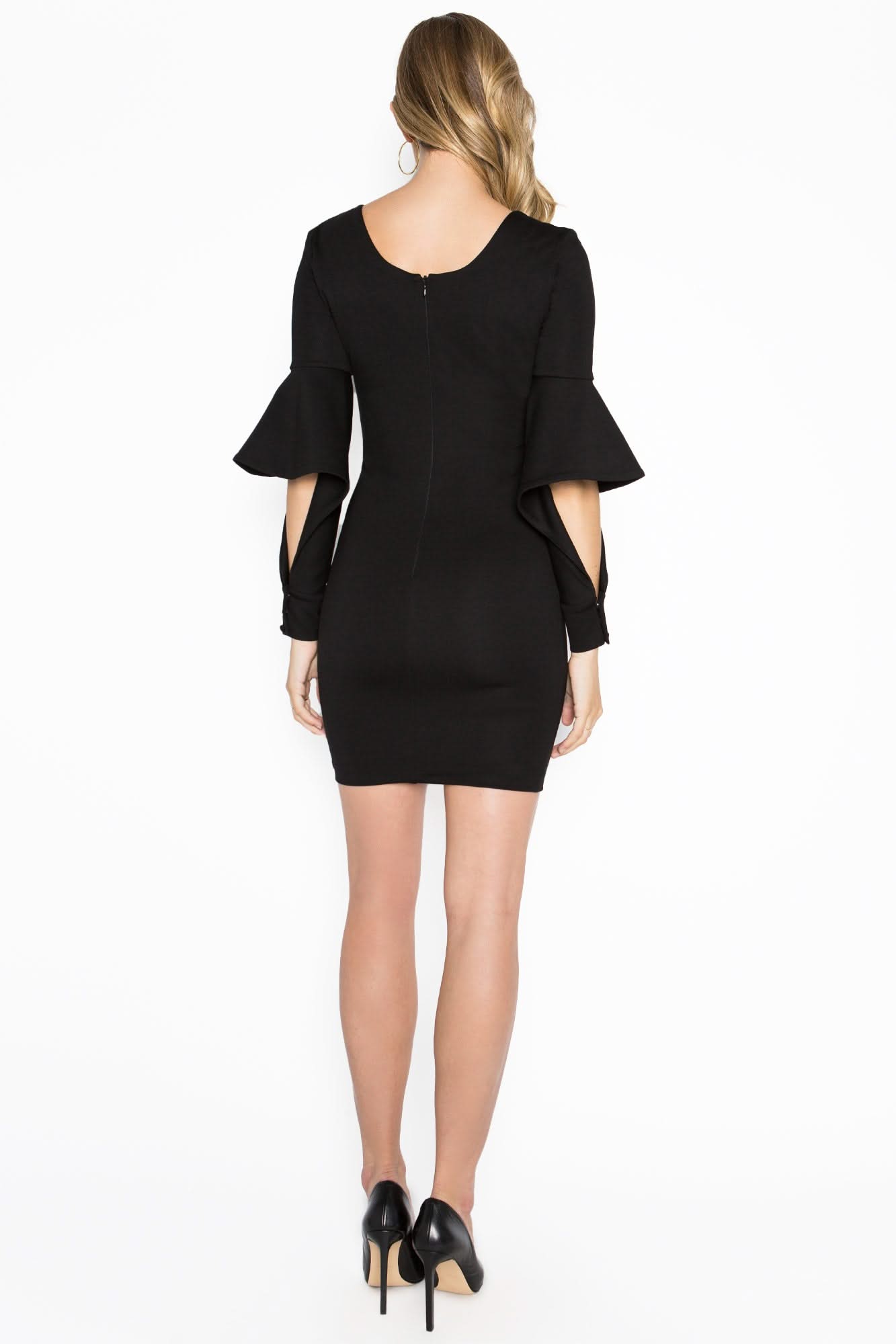 Jayla Dress - Mini body conscious dress with novelty cuffed bell sleeves - WWW.SIMONAMAGHEN.COM