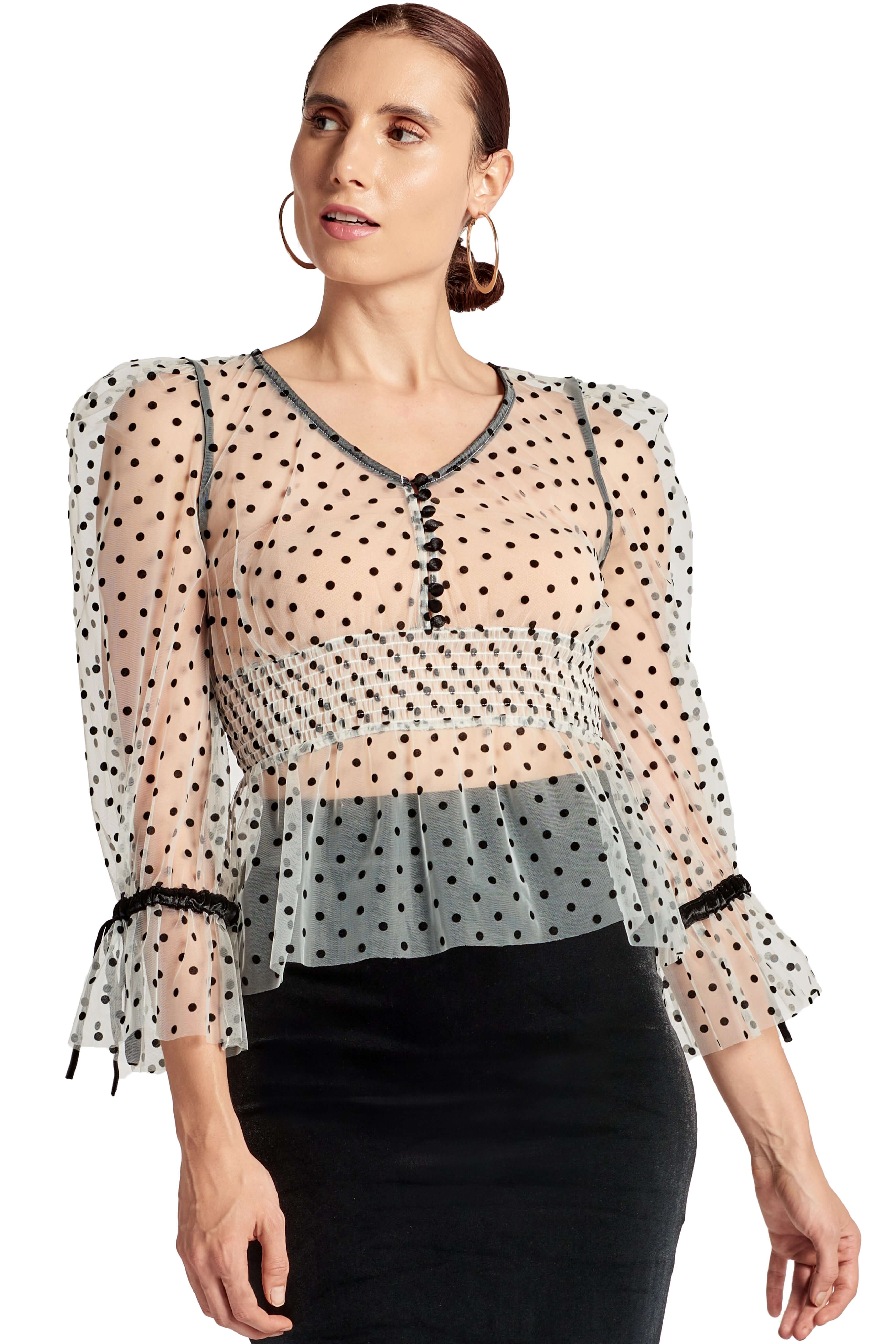 J'lene Top - 3/4" puff sleeve mesh top with flocked polka dots & peplum hem. - WWW.SIMONAMAGHEN.COM