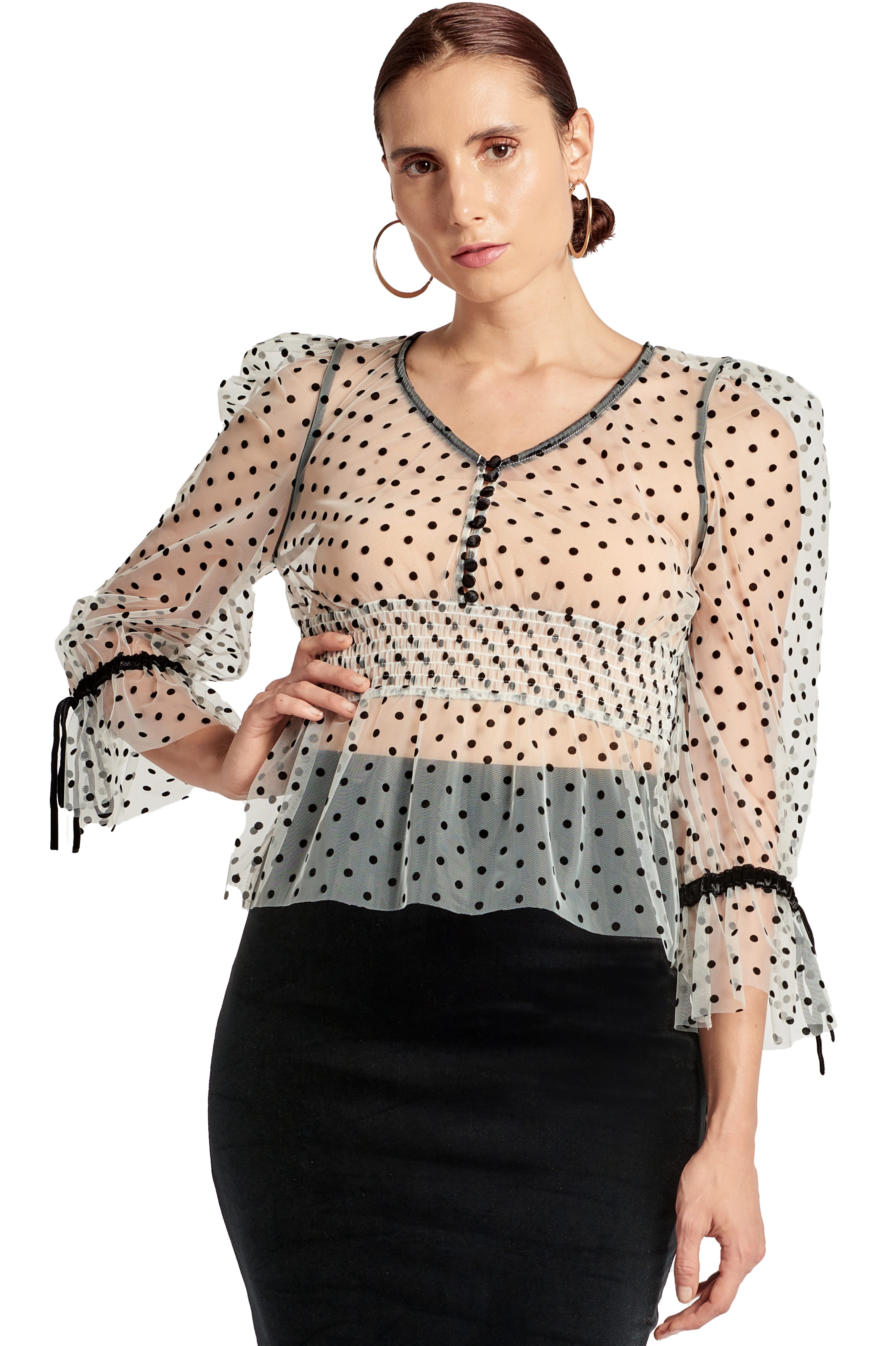 J'lene Top - 3/4" puff sleeve mesh top with flocked polka dots & peplum hem. - WWW.SIMONAMAGHEN.COM