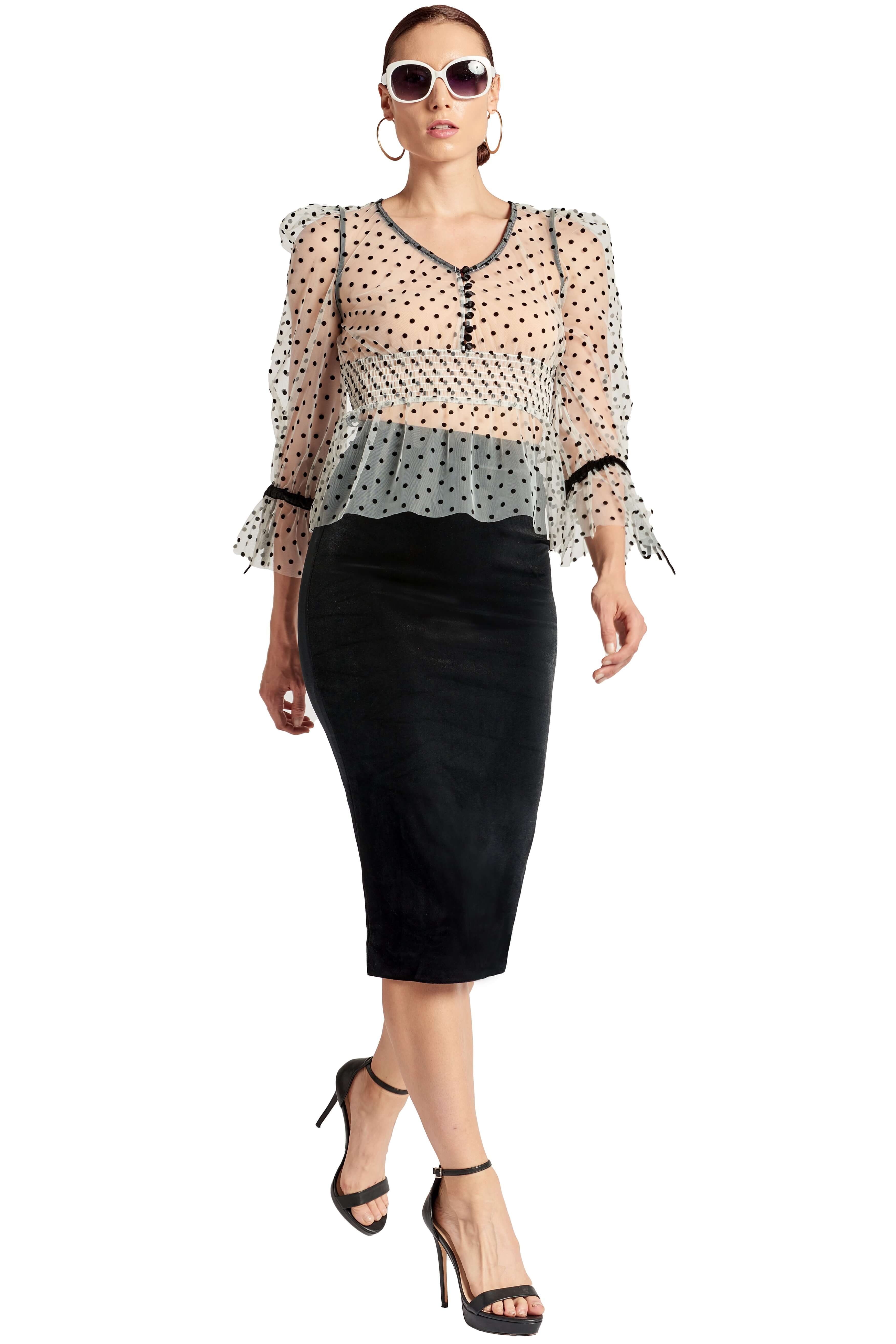 J'lene Top - 3/4" puff sleeve mesh top with flocked polka dots & peplum hem. - WWW.SIMONAMAGHEN.COM