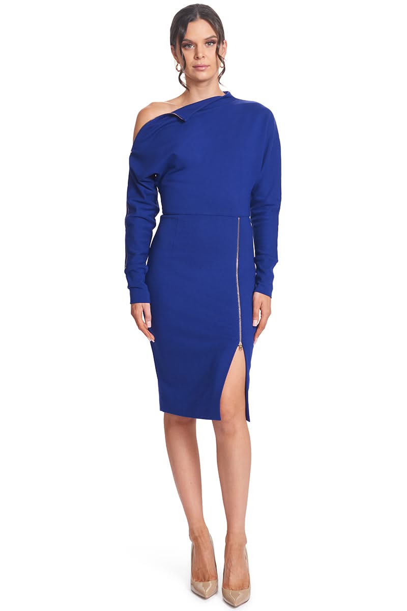 Simona Maghen Josefa royal blue midi dress with long sleeves and zipper slit.