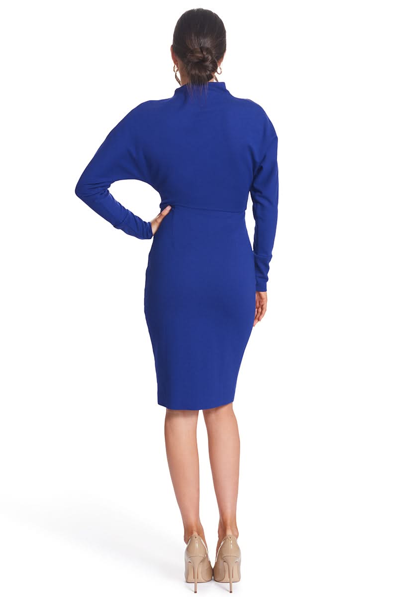 Back view of a model wearing a royal blue, long-sleeve Simona Maghen Josefa Ponte midi dress.