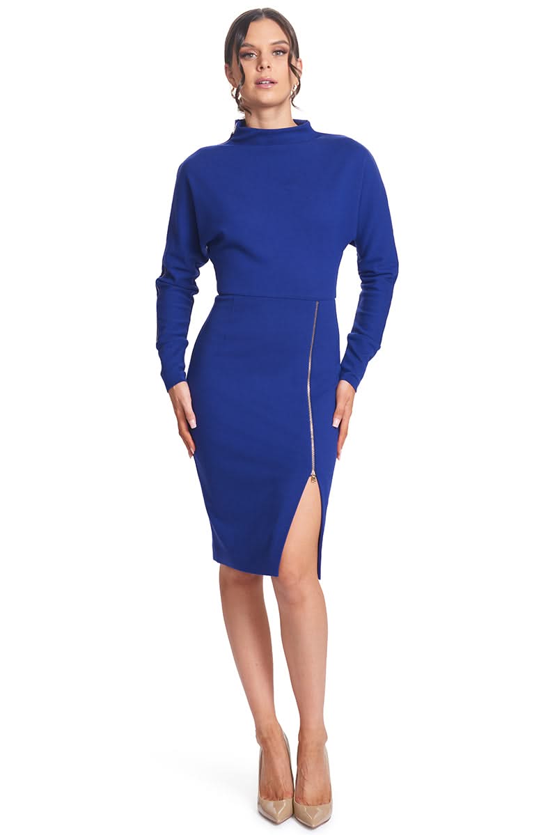 Simona Maghen Josefa Dress, royal blue midi dress with long sleeves and front zipper slit.