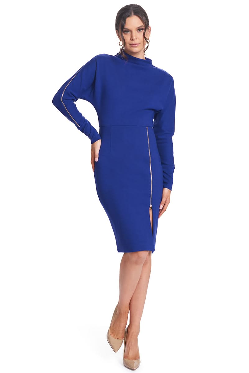Simona Maghen Josefa royal blue midi dress with long sleeves and front zipper slit.