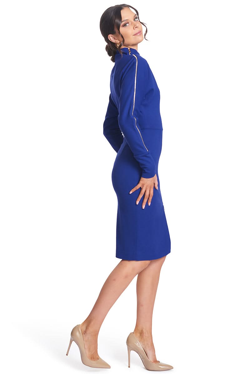 Royal blue Simona Maghen Josefa midi dress with long sleeves and zipper detail.