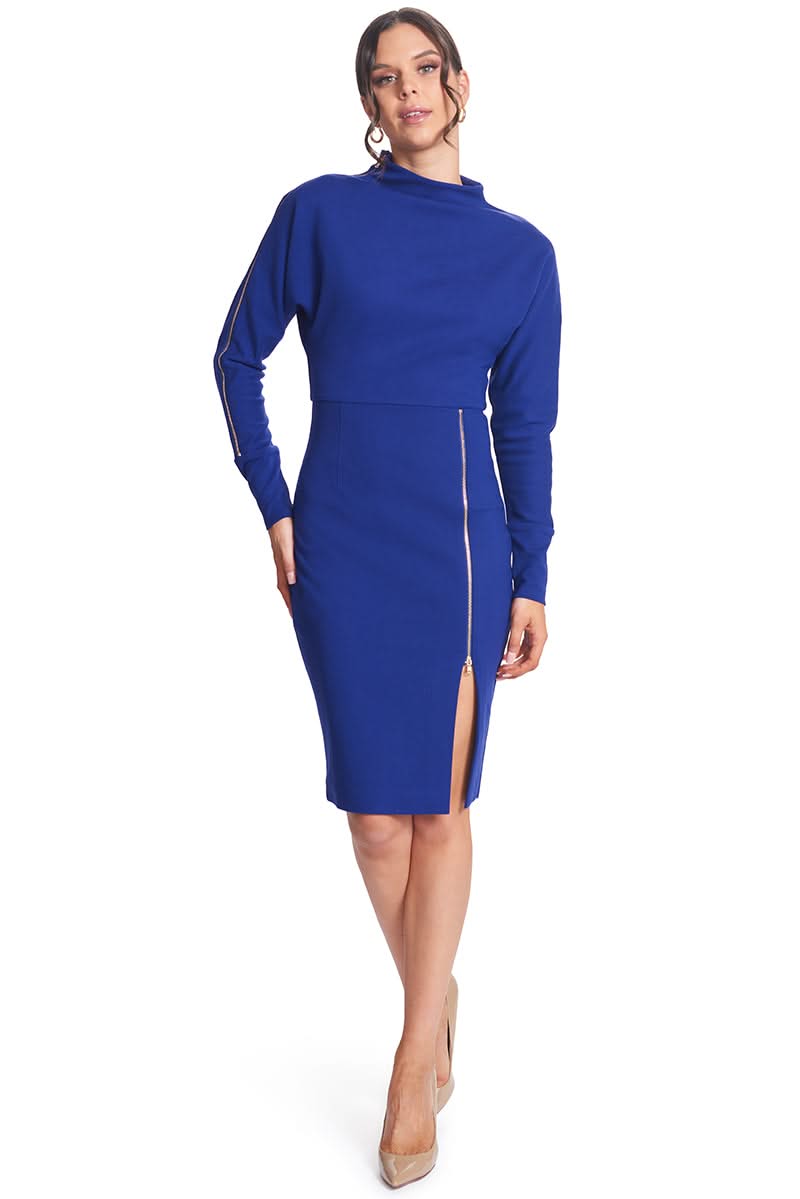 Simona Maghen Josefa royal blue midi dress with long sleeves and a front zipper slit.