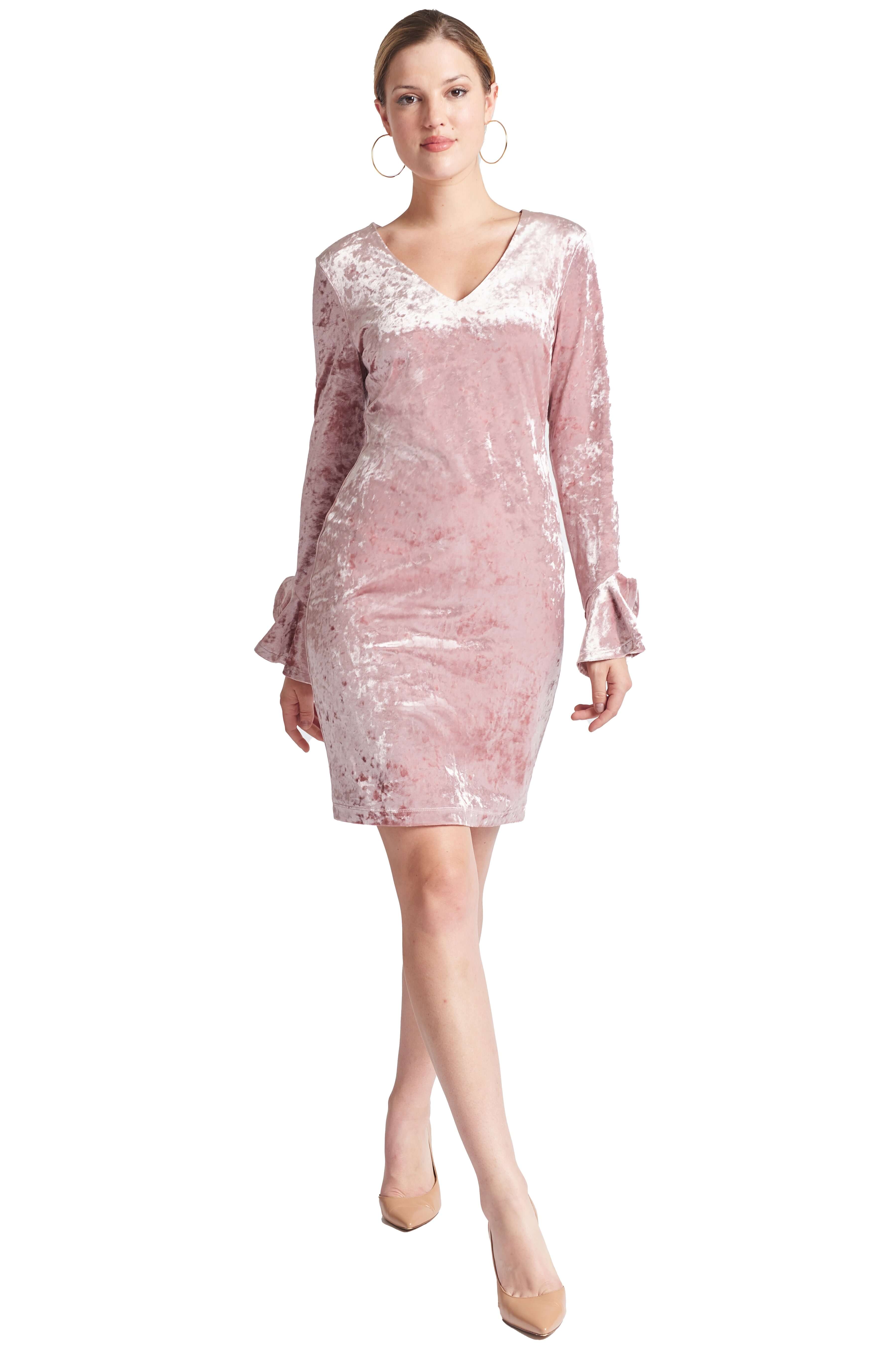 Kara Dress - Long sleeve crushed velvet v - neck dress adorned with bell sleeves - WWW.SIMONAMAGHEN.COM