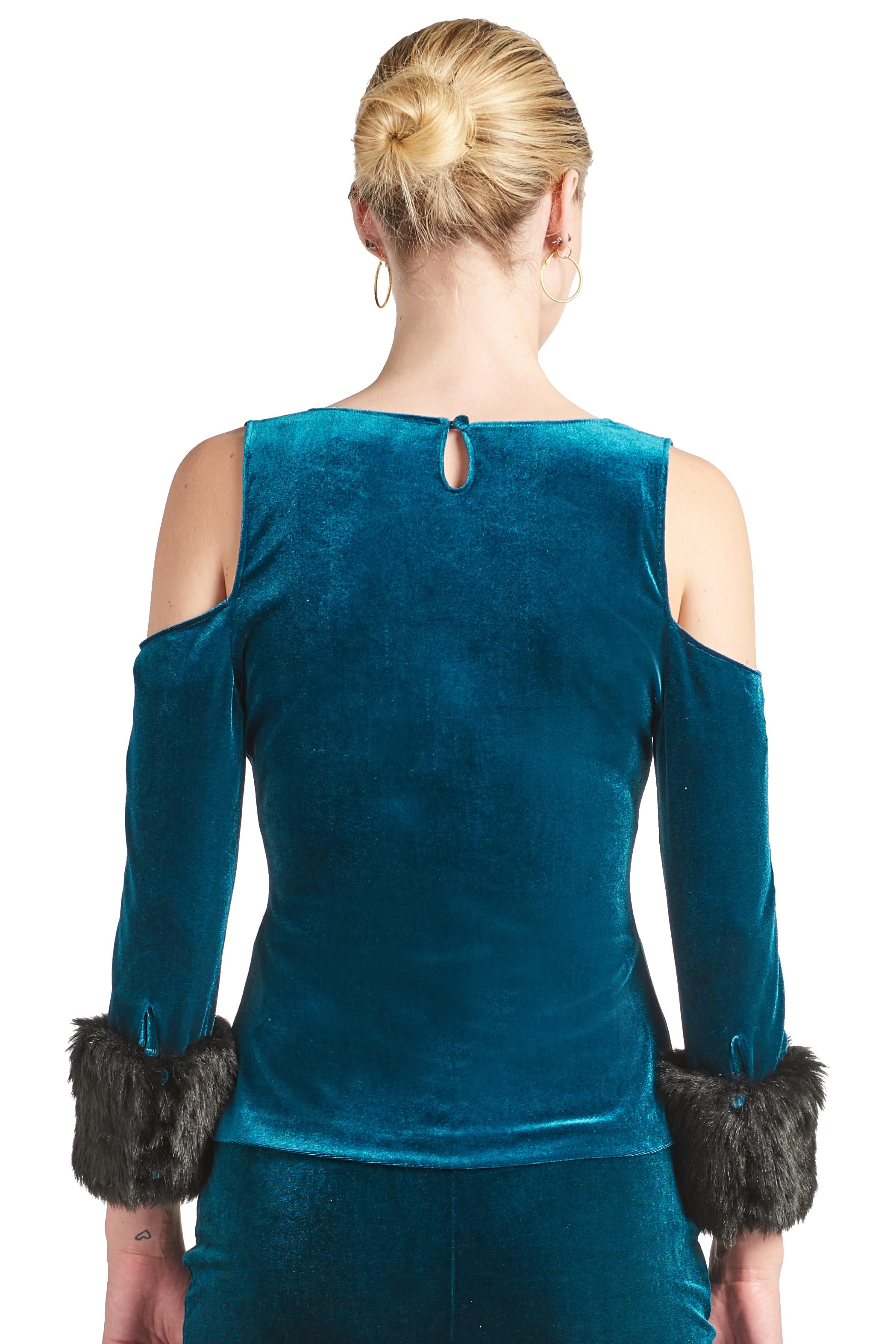 Mia Top - Velvet 3/4 sleeve top with cut - out shoulders & contrast faux fur cuffs - WWW.SIMONAMAGHEN.COM
