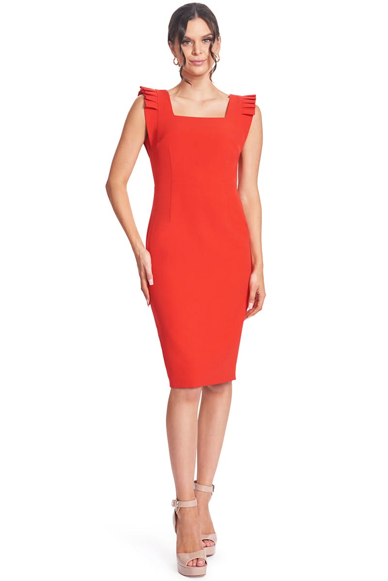 Model wearing Simona Maghen red sheath midi dress with square neck and pleated cap sleeves.
