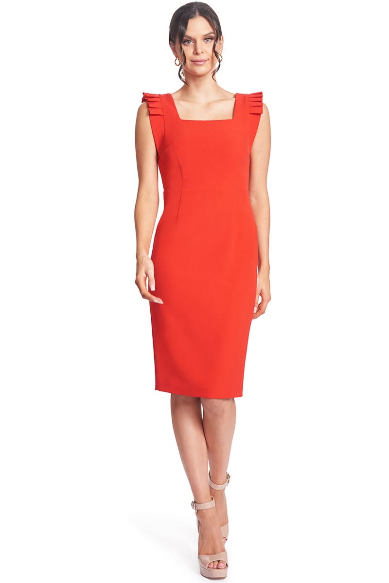 Simona Maghen Monarch Dress, red midi sheath dress with a double square neck and pleated detail.