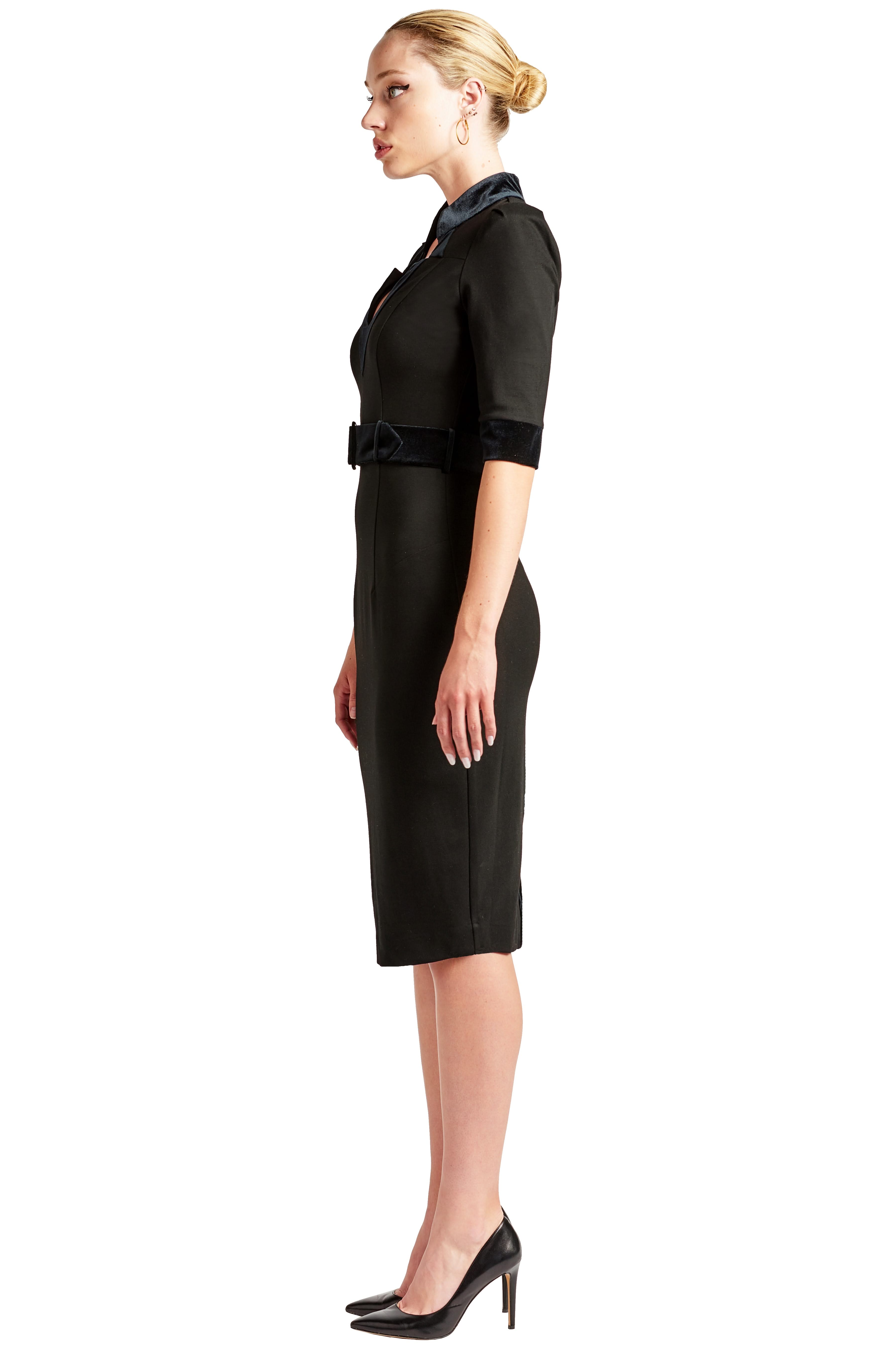 Nicola Sheath Dress - Elbow sleeve, notch neck Ponte dress with contrast velvet bands and belt - WWW.SIMONAMAGHEN.COM