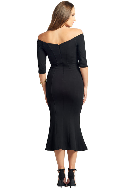 Raquel Dress Black - Off the shoulder seamed mermaid hem midi dress with 3/4 sleeves - WWW.SIMONAMAGHEN.COM