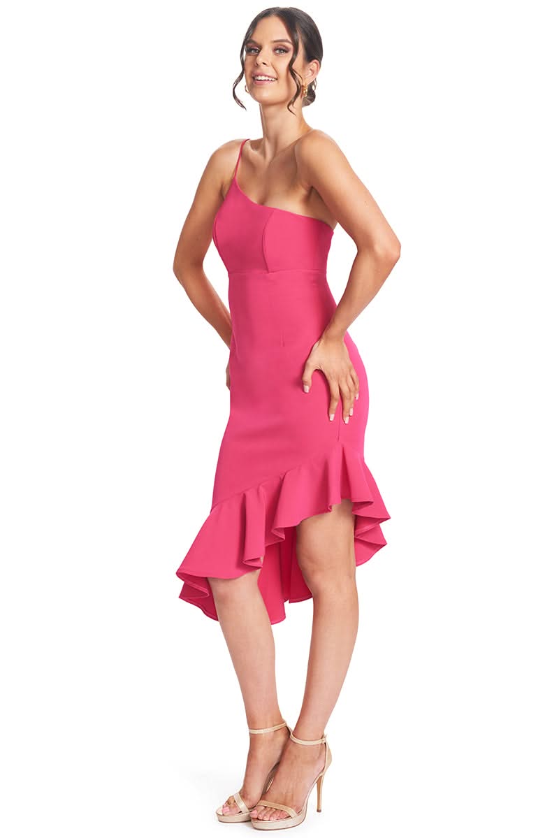 Hot pink one-shoulder dress with a ruffle hem. Perfect for parties and special occasions.