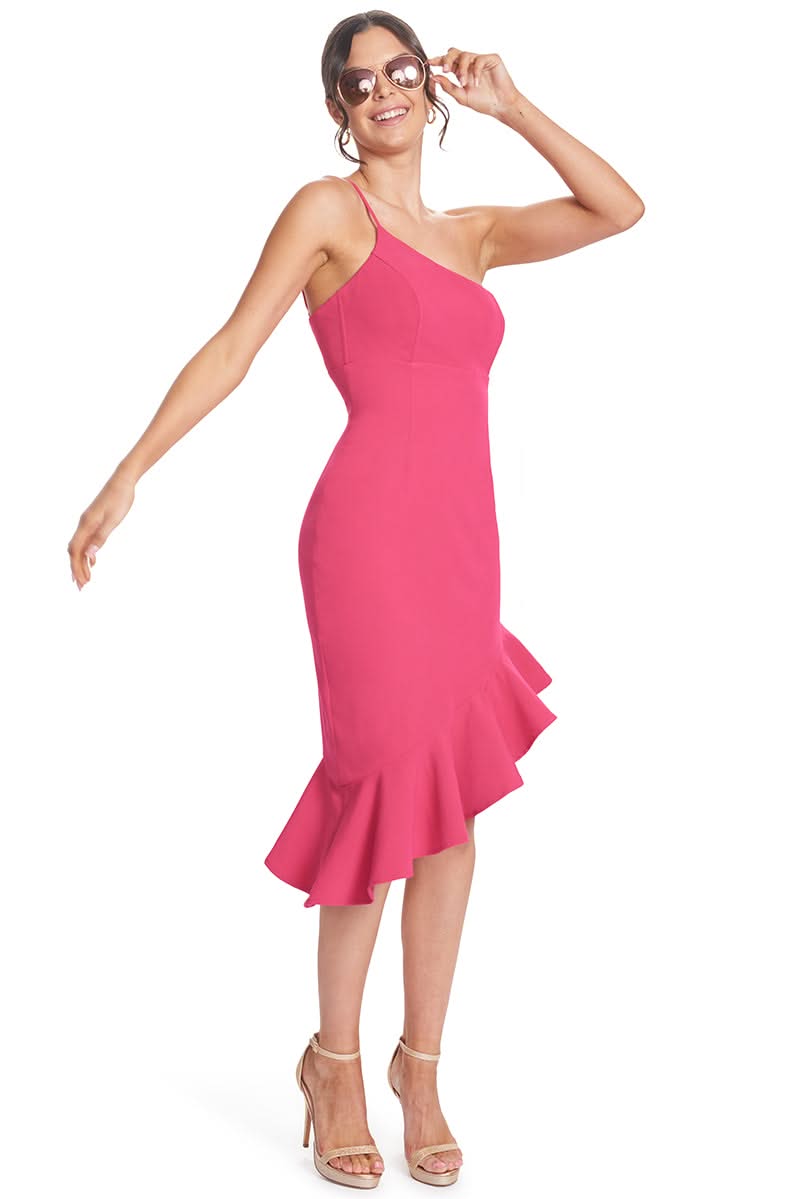 Model wearing a Simona Maghen fuchsia one-shoulder dress with ruffle hem and aviator sunglasses.