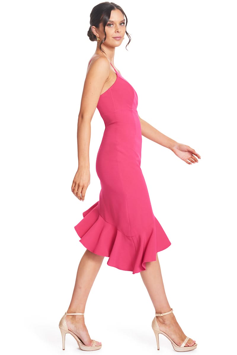 Simona Maghen fuchsia dress with one shoulder strap and asymmetric ruffle hem.