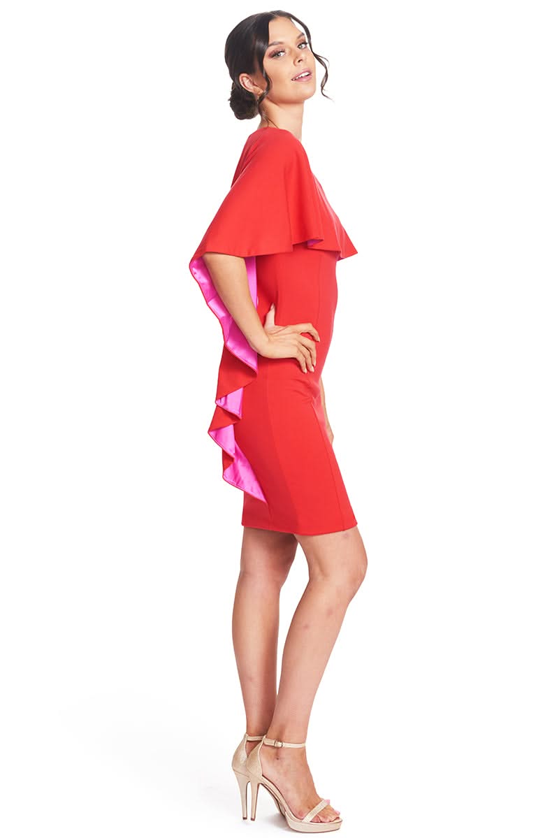 Shero Asymmetric Cape Dress - Red Bodycon Cocktail Dress with Contrast Fuchsia Satin - WWW.SIMONAMAGHEN.COM