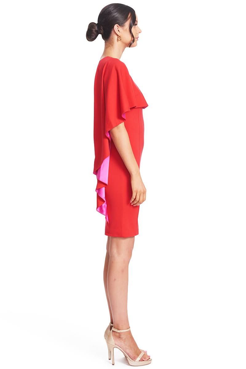 Shero Asymmetric Cape Dress - Red Bodycon Cocktail Dress with Contrast Fuchsia Satin - WWW.SIMONAMAGHEN.COM