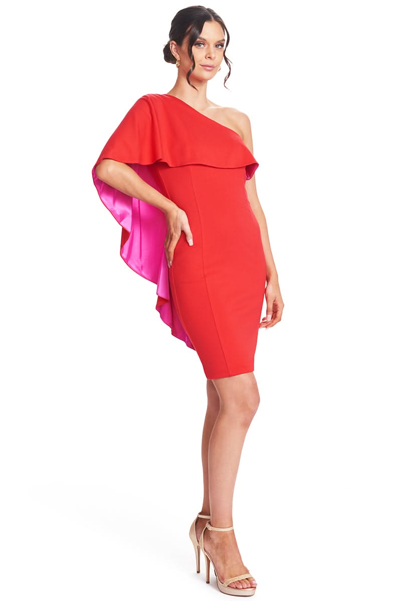 Shero Asymmetric Cape Dress - Red Bodycon Cocktail Dress with Contrast Fuchsia Satin - WWW.SIMONAMAGHEN.COM